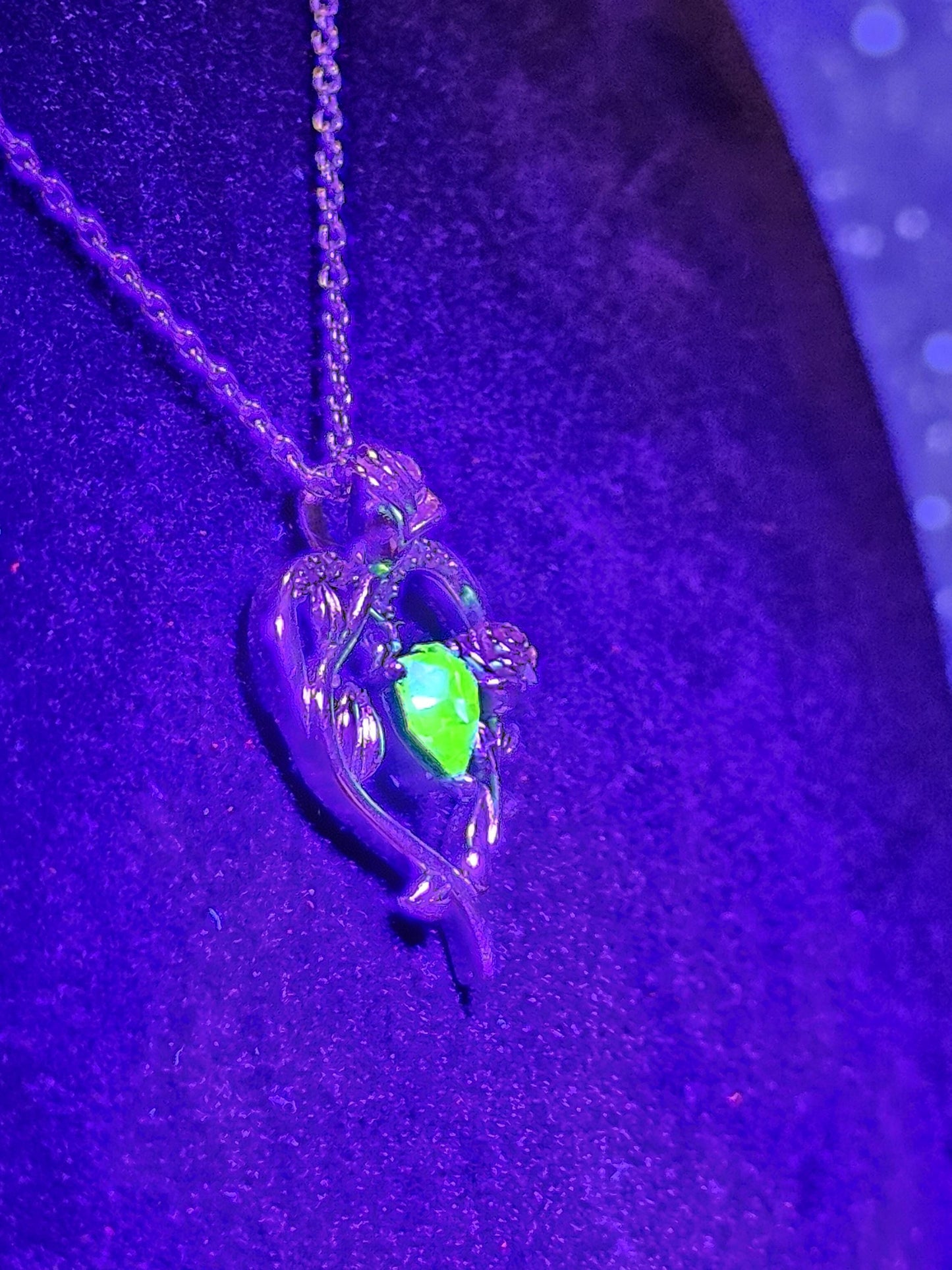 Uranium Glass Pendant w/ necklace, new Sterling Silver setting with vintage Heart cut Uranium glass stone that glows under black/UV light
