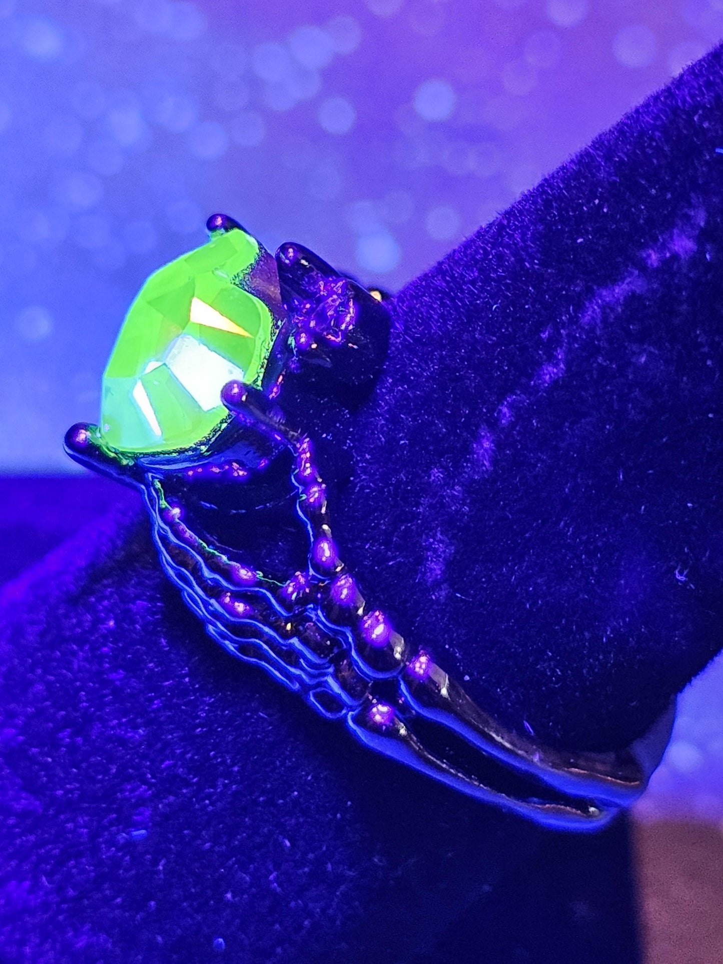 Uranium Glass Heart cut new Elecplated Claddagh Ring in size 6 to 10 with a vintage Uranium glass stone that glows under black/UV light