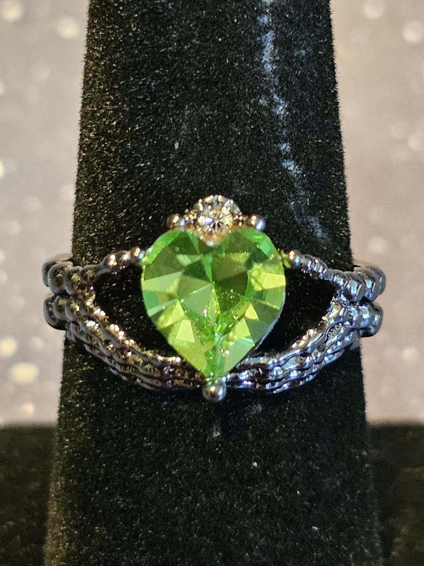 Uranium Glass Heart cut new Elecplated Claddagh Ring in size 6 to 10 with a vintage Uranium glass stone that glows under black/UV light