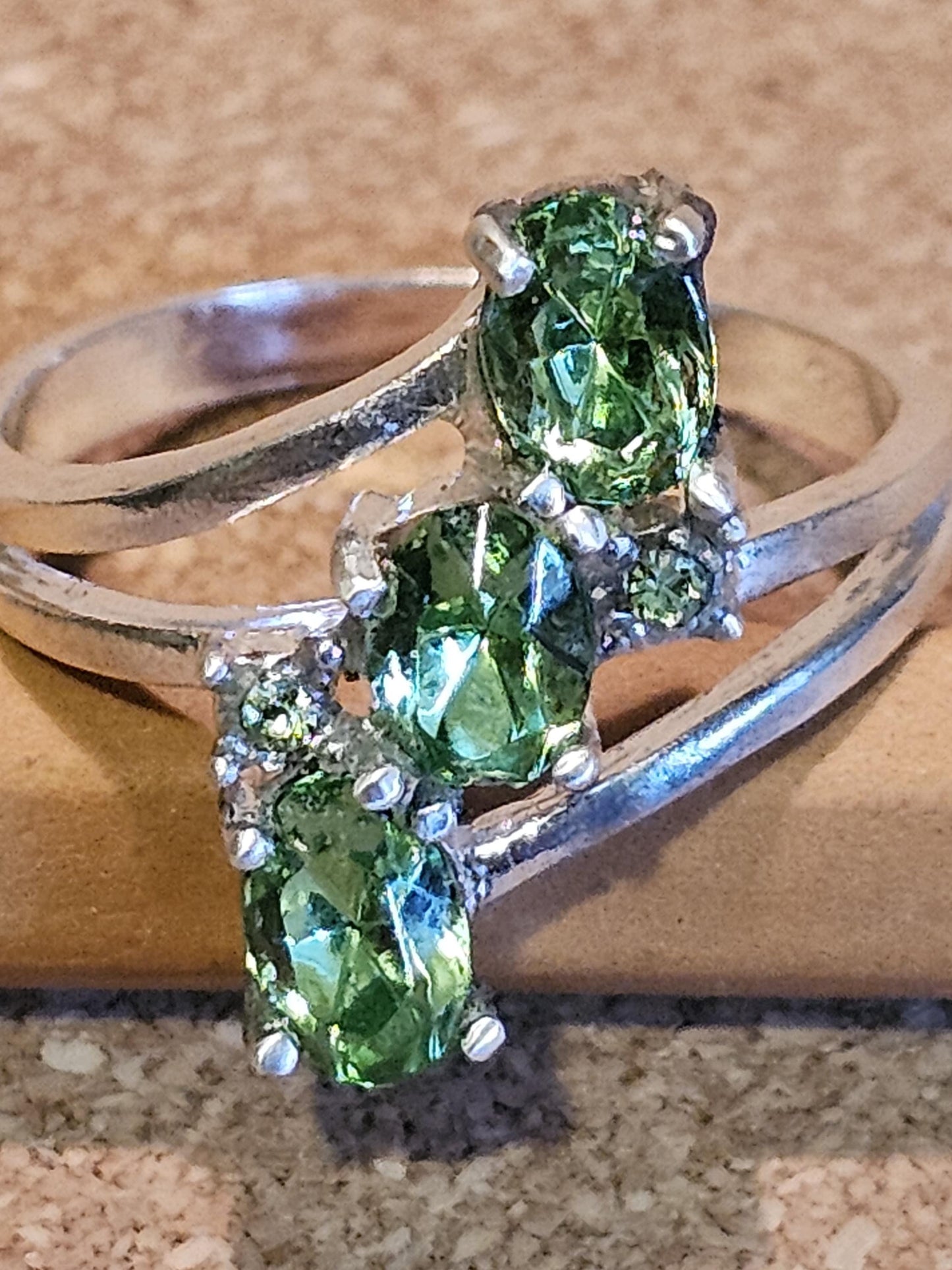 Uranium Glass Oval cut Ring size 7 new Sterling Silver with three vintage 6x4 mm Uranium glass stones that glow under black / UV light