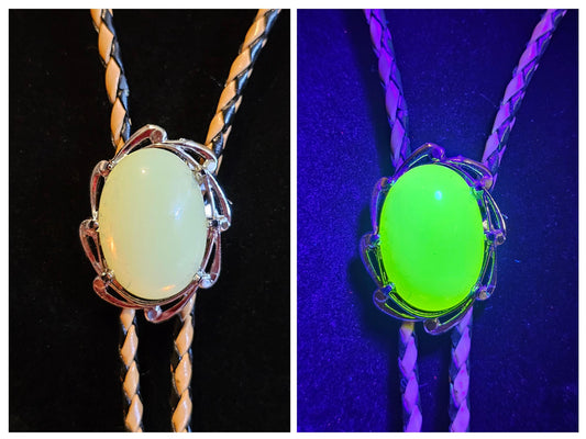 Uranium Glass Bolo Tie, Leather cord, 4 tip choices vintage White/Yellowish 25x18 mm Uranium Glass stone that glow under black/UV light