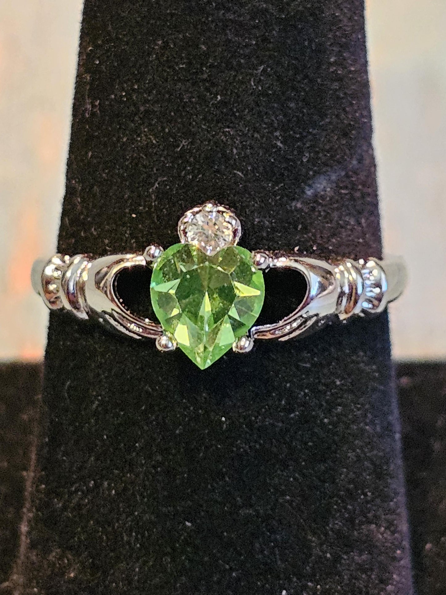 Uranium Glass Heart cut Claddagh Ring adjustable size new Sterling Silver with a vintage Uranium glass stone that glows under black/UV light