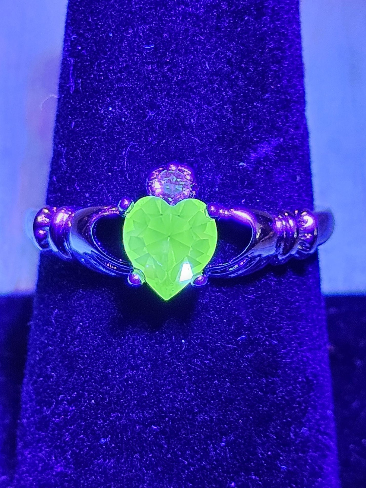 Uranium Glass Heart cut Claddagh Ring adjustable size new Sterling Silver with a vintage Uranium glass stone that glows under black/UV light