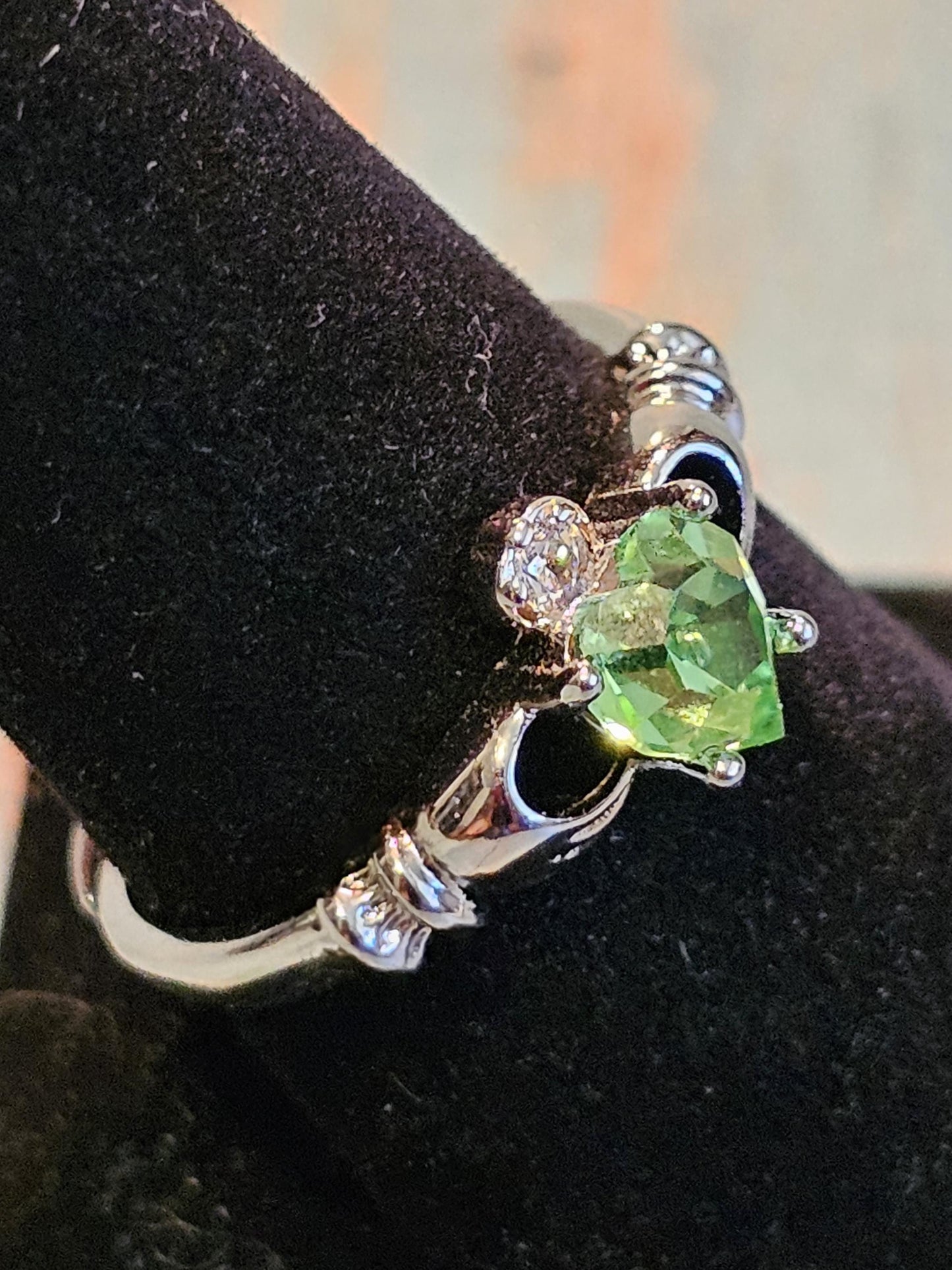Uranium Glass Heart cut Claddagh Ring adjustable size new Sterling Silver with a vintage Uranium glass stone that glows under black/UV light