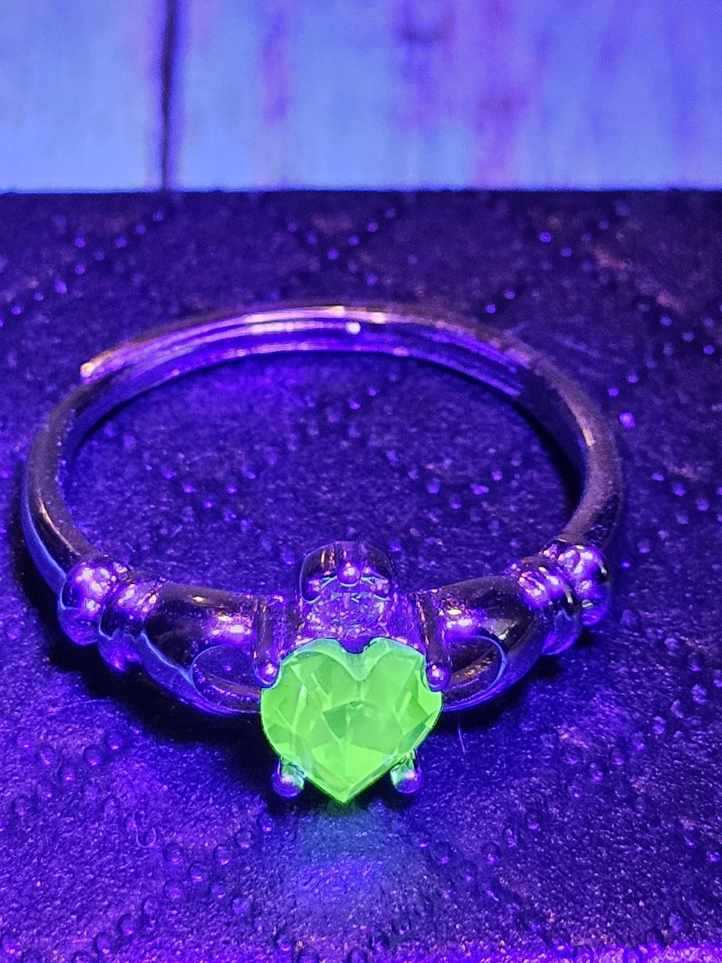 Uranium Glass Heart cut Claddagh Ring adjustable size new Sterling Silver with a vintage Uranium glass stone that glows under black/UV light