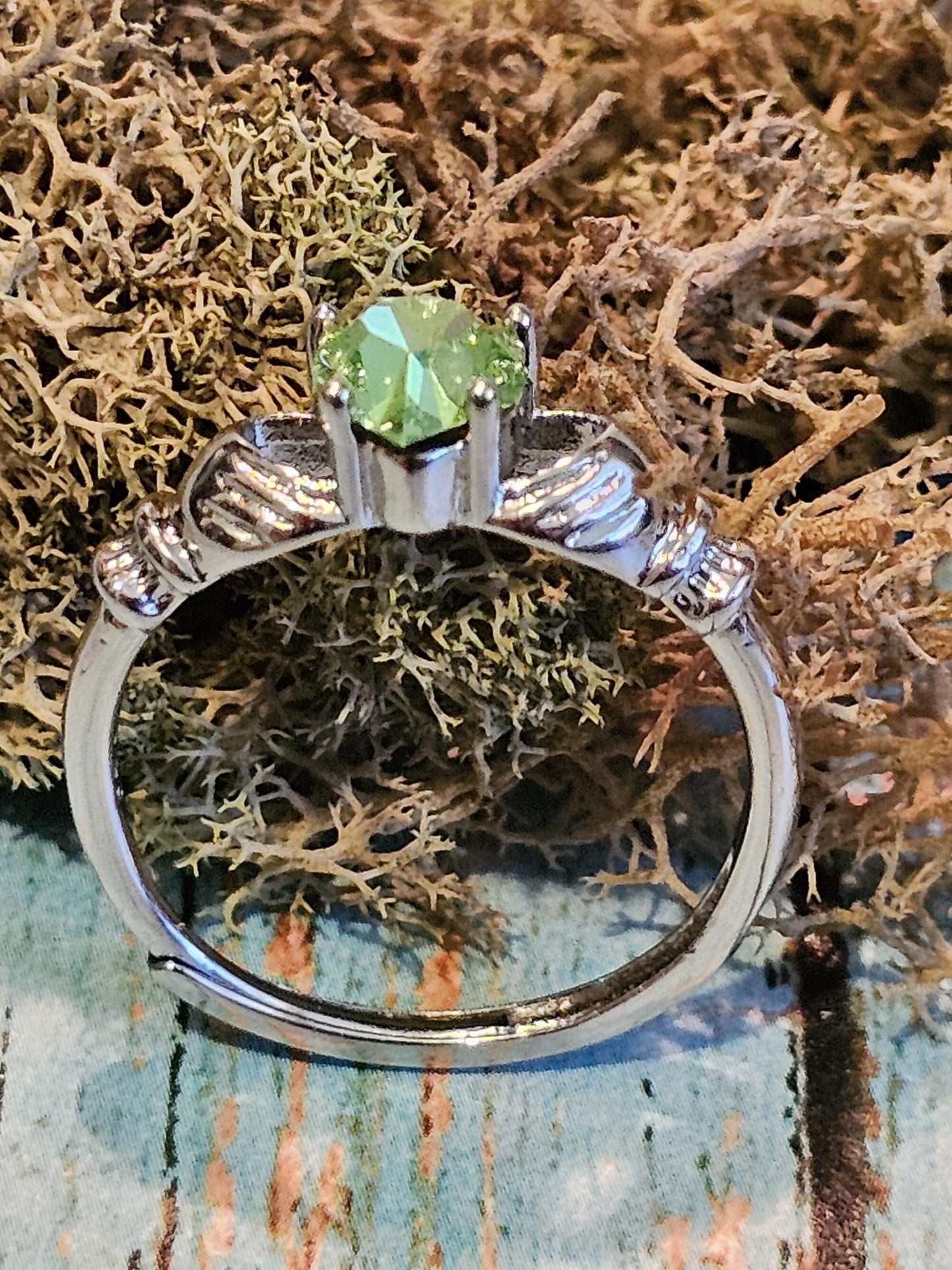 Uranium Glass Heart cut Claddagh Ring adjustable size new Sterling Silver with a vintage Uranium glass stone that glows under black/UV light