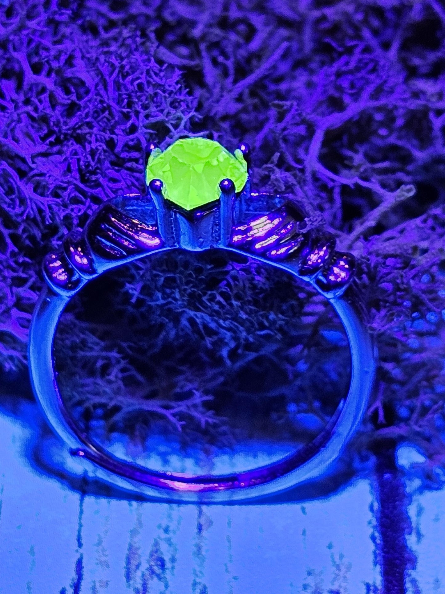 Uranium Glass Heart cut Claddagh Ring adjustable size new Sterling Silver with a vintage Uranium glass stone that glows under black/UV light