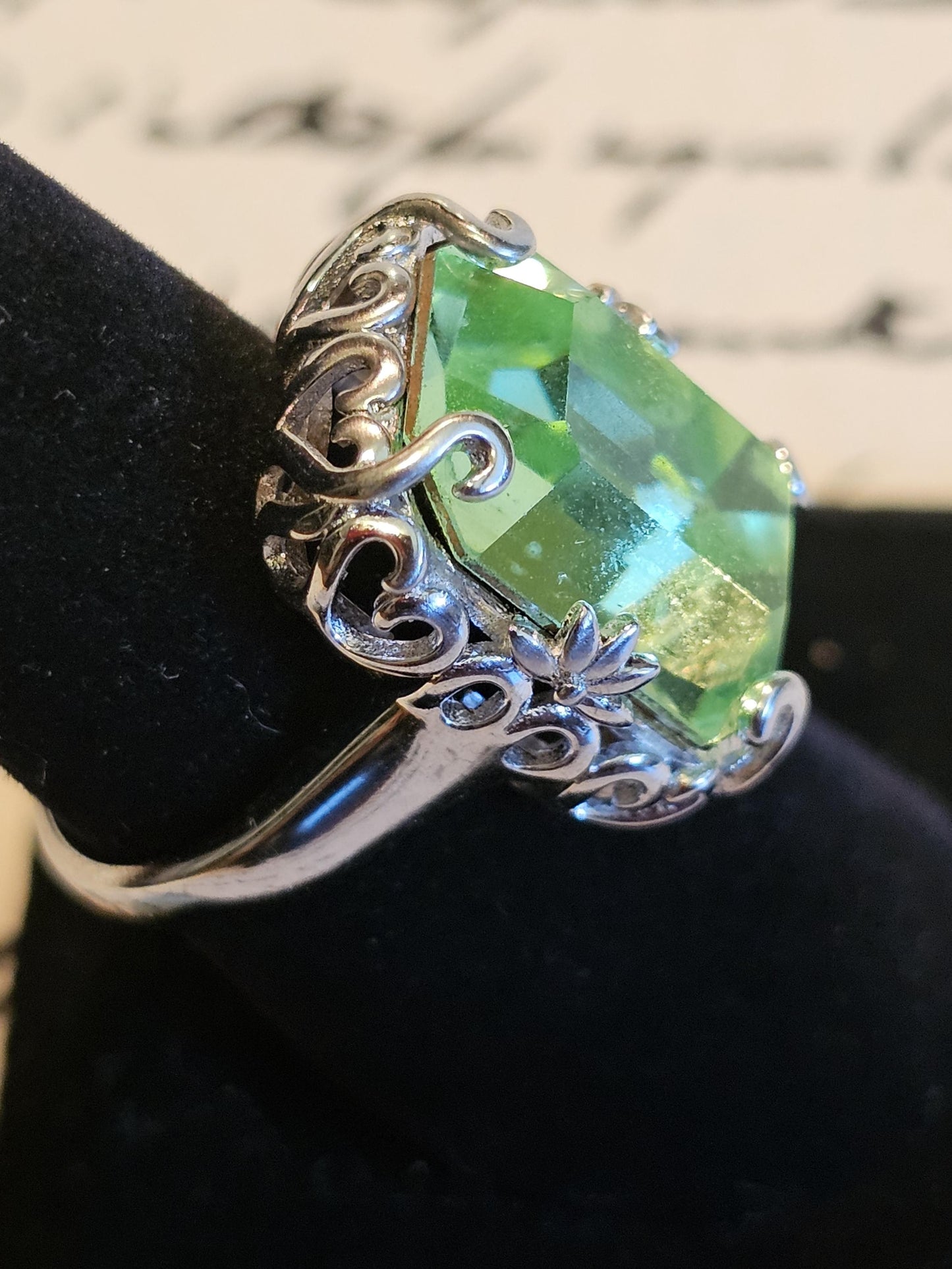 Uranium Glass Emerald cut Art Deco Ring size 6 to 8 in new Sterling Silver with vintage Uranium glass stone that glows under black/UV light