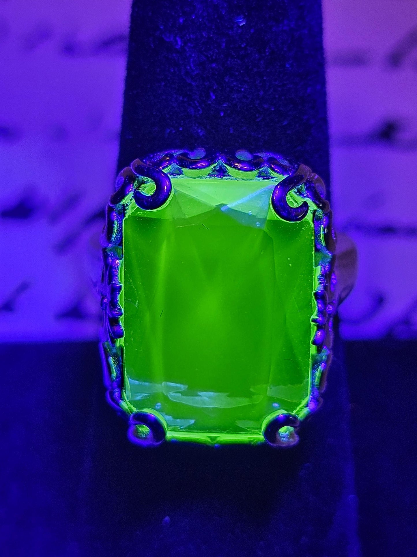 Uranium Glass Emerald cut Art Deco Ring size 6 to 8 in new Sterling Silver with vintage Uranium glass stone that glows under black/UV light