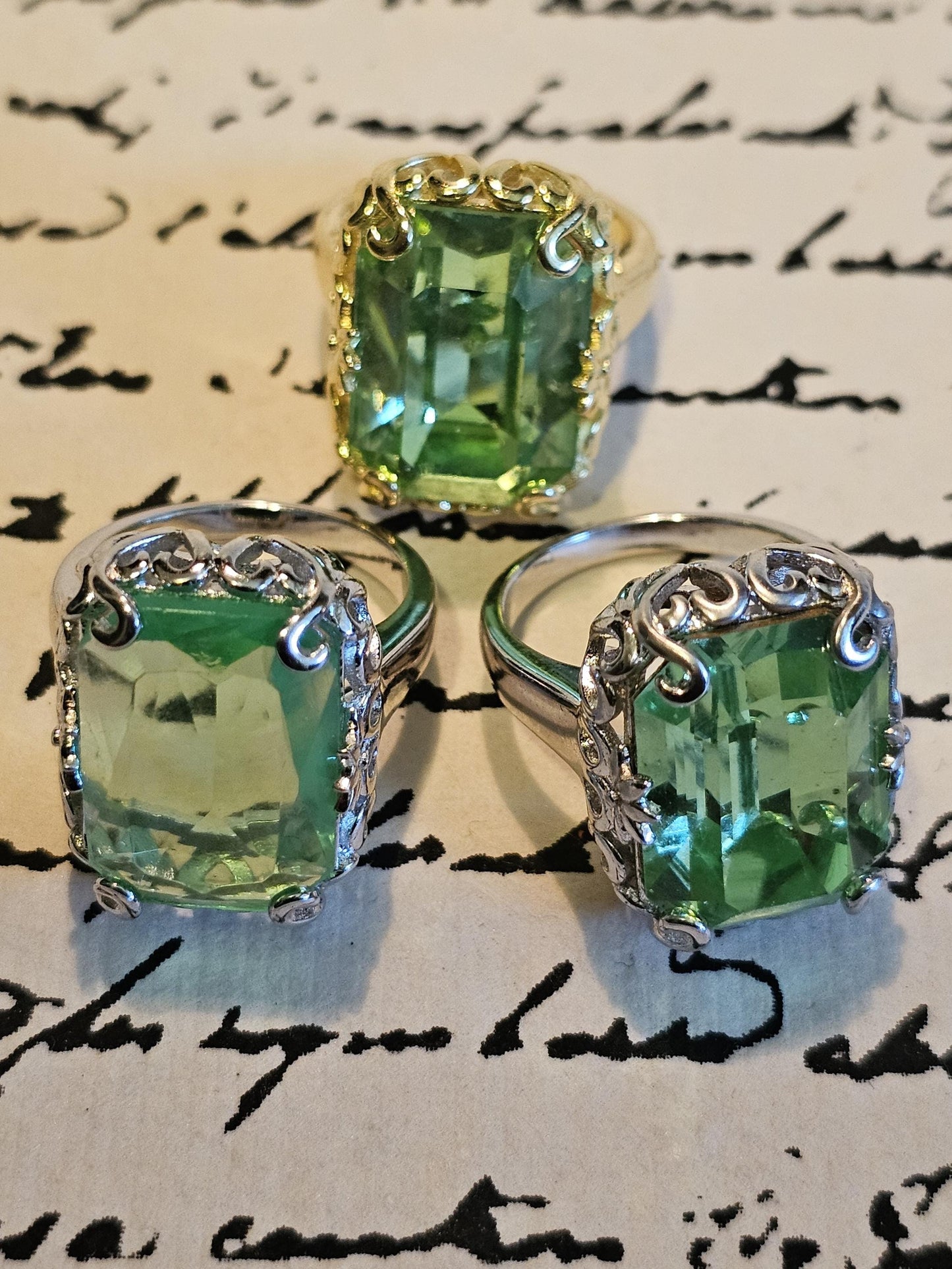 Uranium Glass Emerald cut Art Deco Ring size 6 to 8 in new Sterling Silver with vintage Uranium glass stone that glows under black/UV light