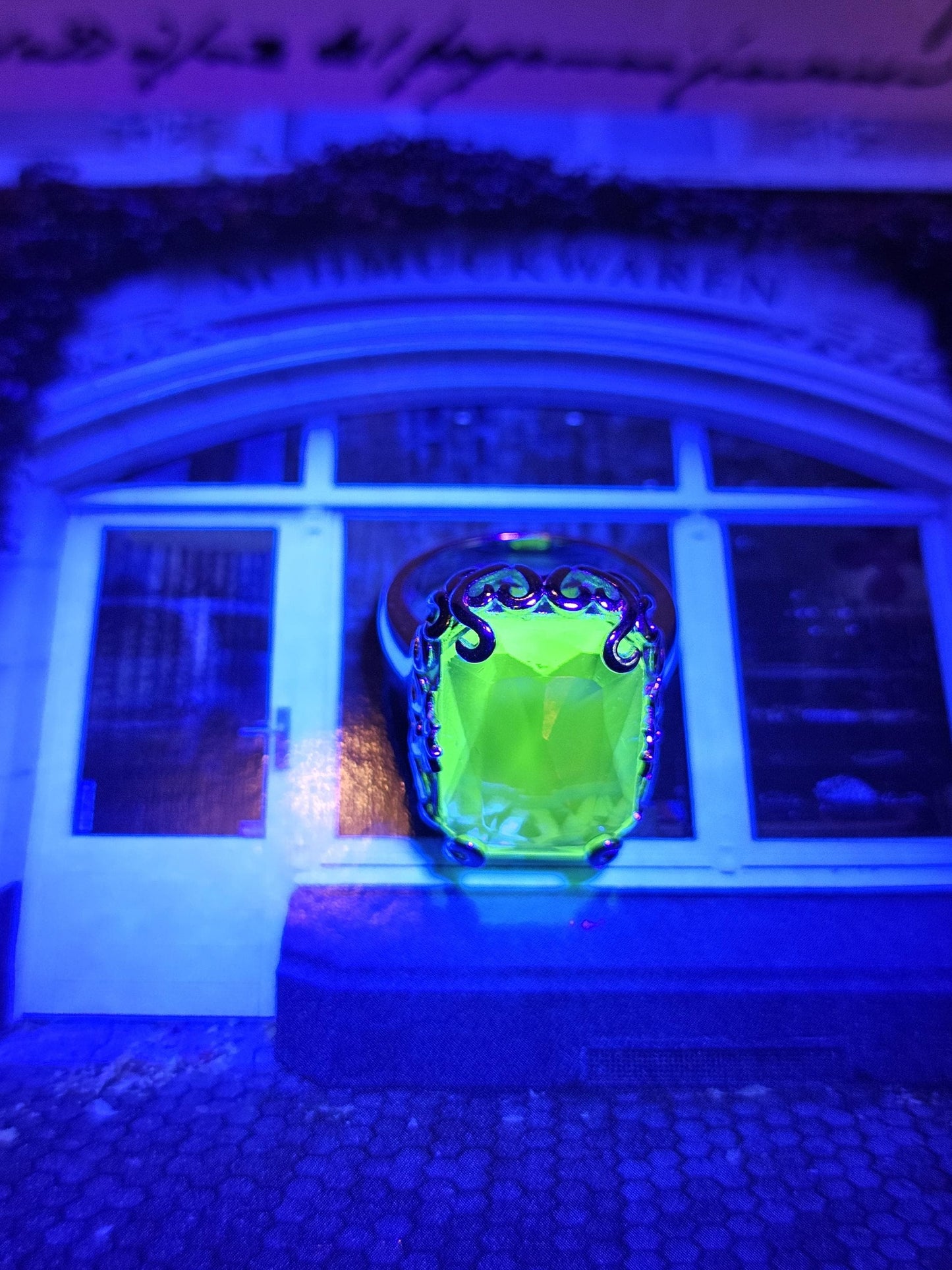 Uranium Glass Emerald cut Art Deco Ring size 6 to 8 in new Sterling Silver with vintage Uranium glass stone that glows under black/UV light