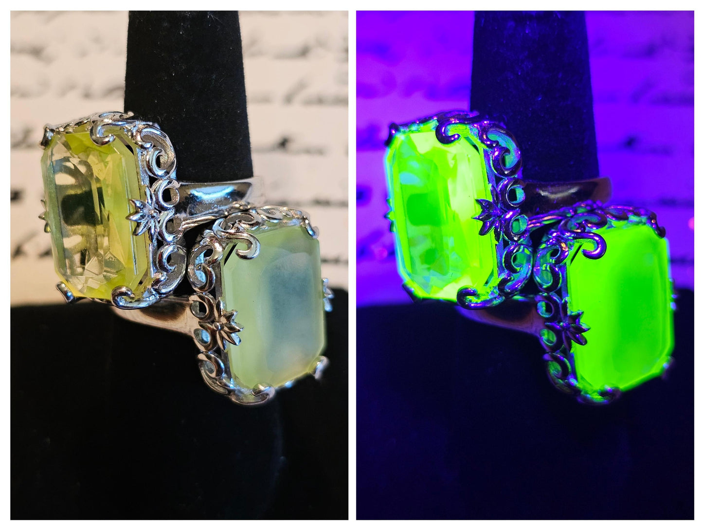 Uranium Glass Emerald cut Ring size 6 to 8 in new Sterling Silver with vintage Yellow Uranium glass stones that glow under black / UV light