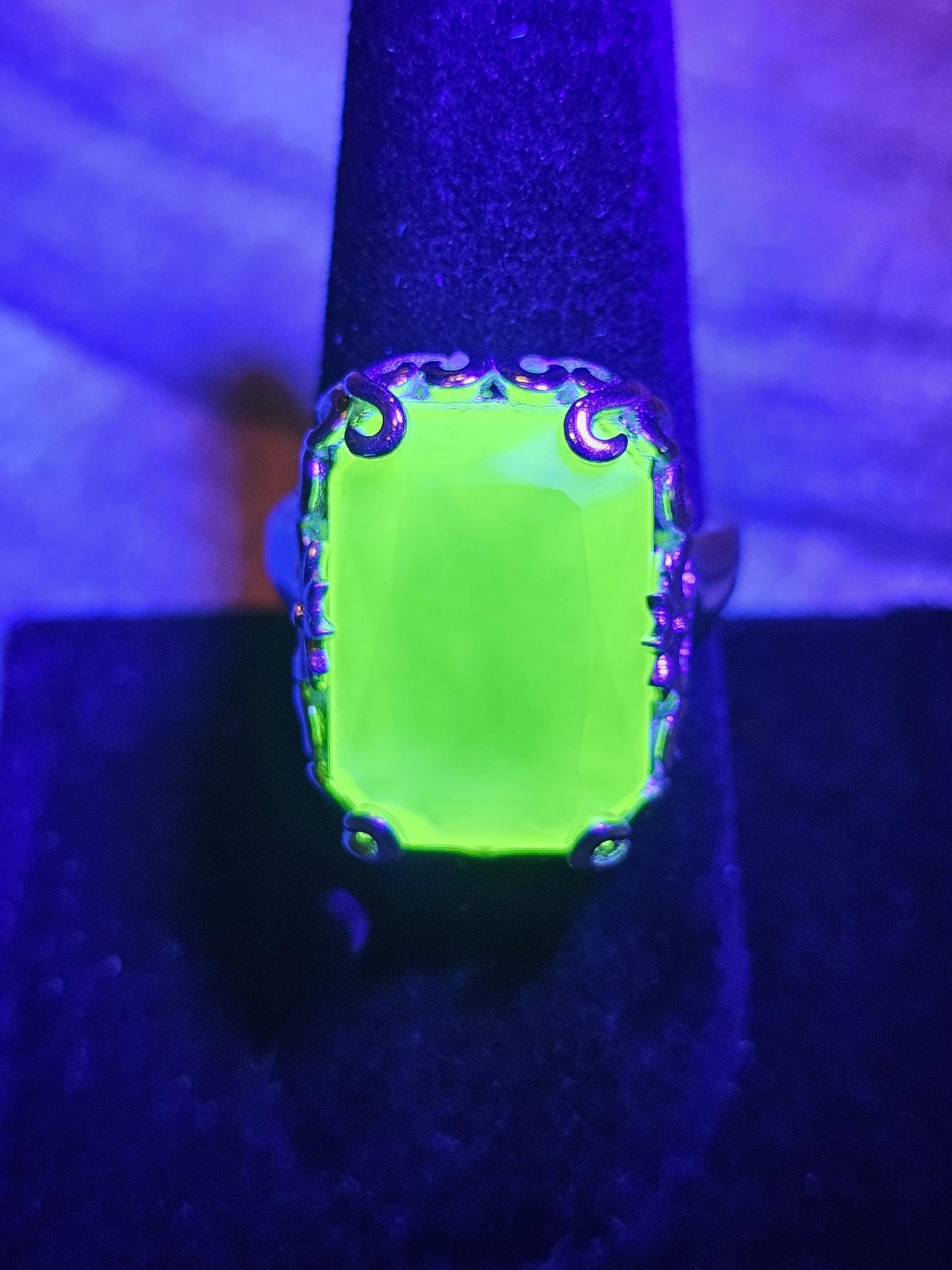 Uranium Glass Emerald cut Ring size 6 to 8 in new Sterling Silver with vintage Yellow Uranium glass stones that glow under black / UV light