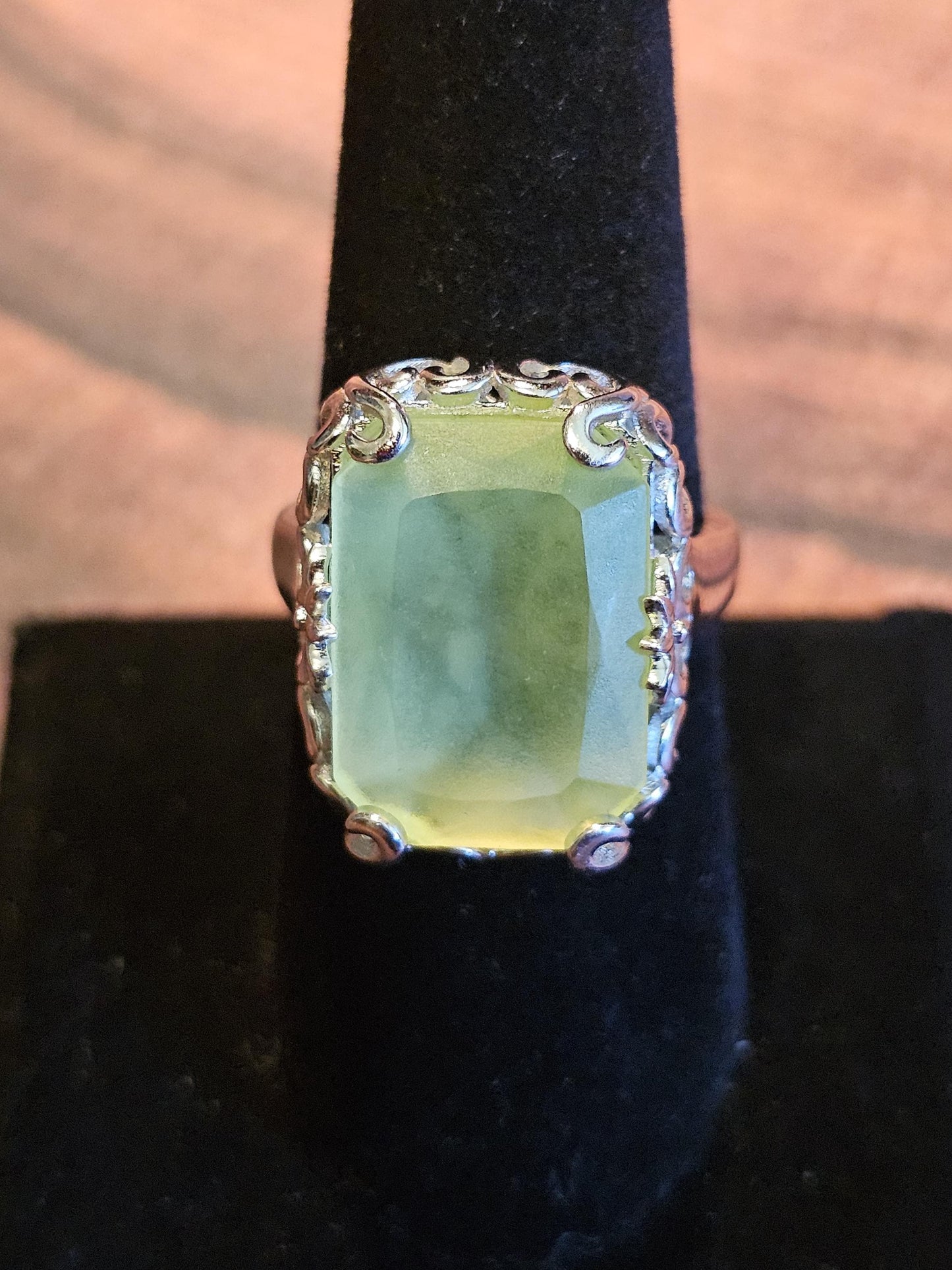 Uranium Glass Emerald cut Ring size 6 to 8 in new Sterling Silver with vintage Yellow Uranium glass stones that glow under black / UV light