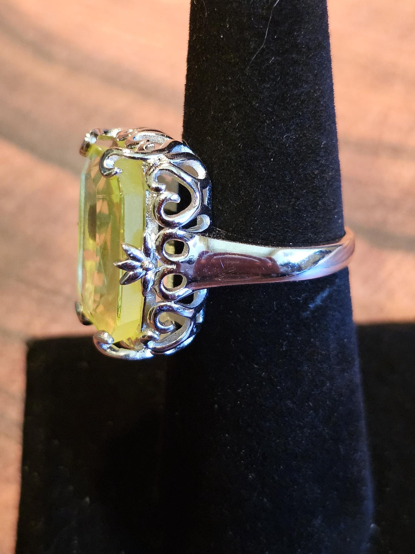 Uranium Glass Emerald cut Ring size 6 to 8 in new Sterling Silver with vintage Yellow Uranium glass stones that glow under black / UV light