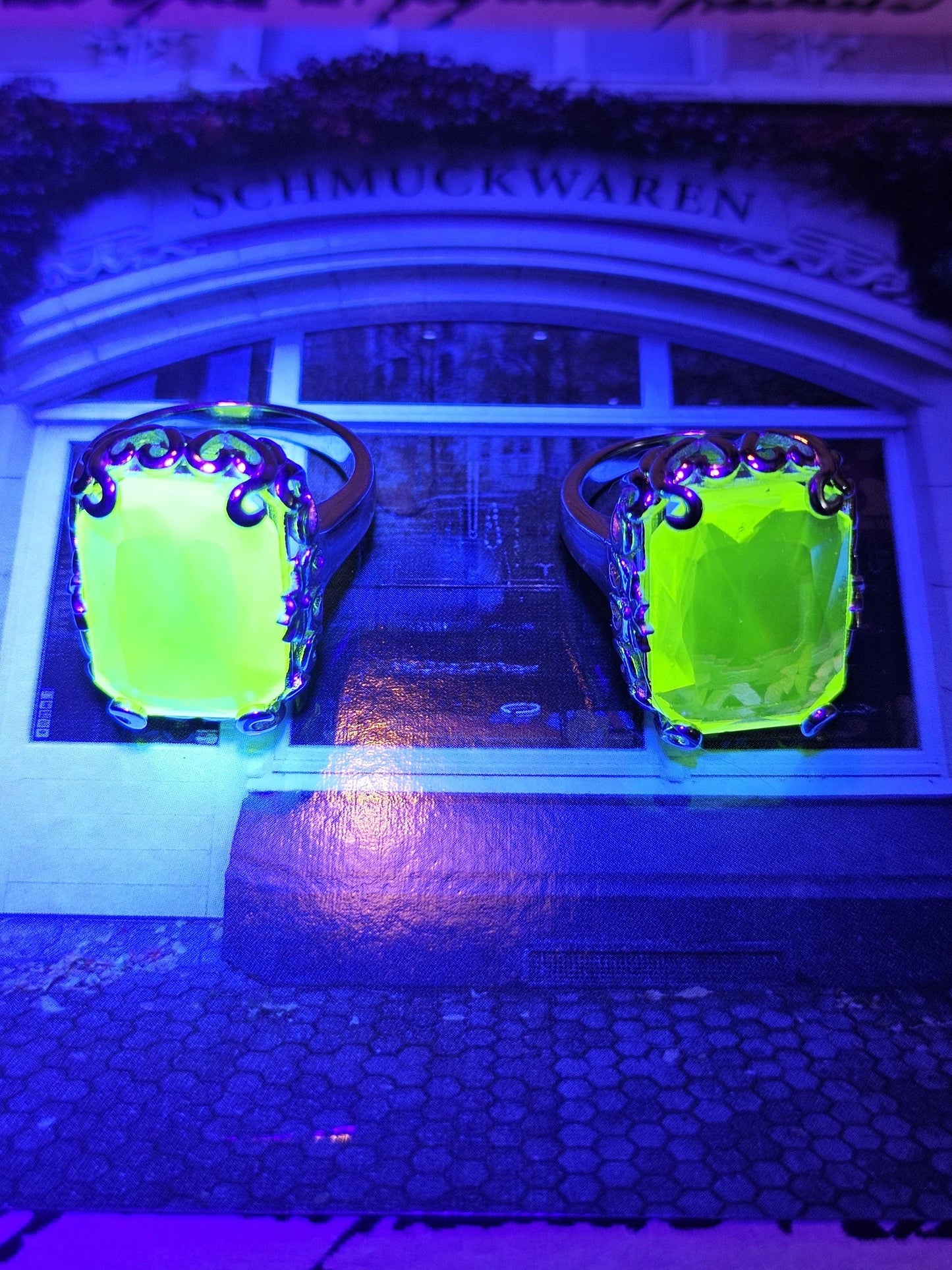 Uranium Glass Emerald cut Ring size 6 to 8 in new Sterling Silver with vintage Yellow Uranium glass stones that glow under black / UV light