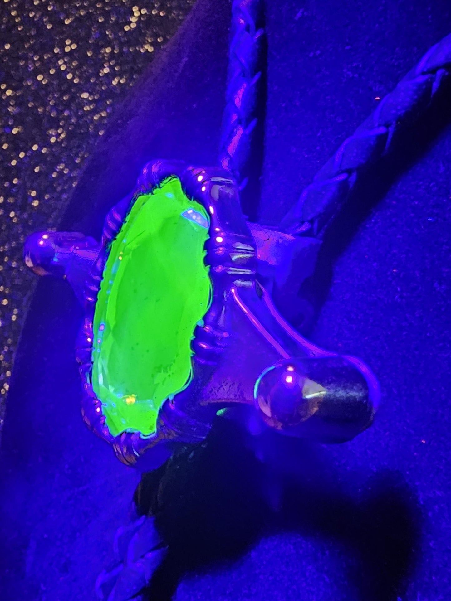 Uranium Glass Bolo Tie Leather cord, heavy tips, huge 30x22 mm Yellow Oval cut vintage Uranium Glass stone that glows under black/UV light