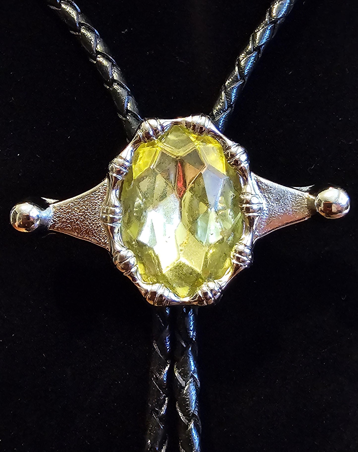 Uranium Glass Bolo Tie Leather cord, heavy tips, huge 30x22 mm Yellow Oval cut vintage Uranium Glass stone that glows under black/UV light