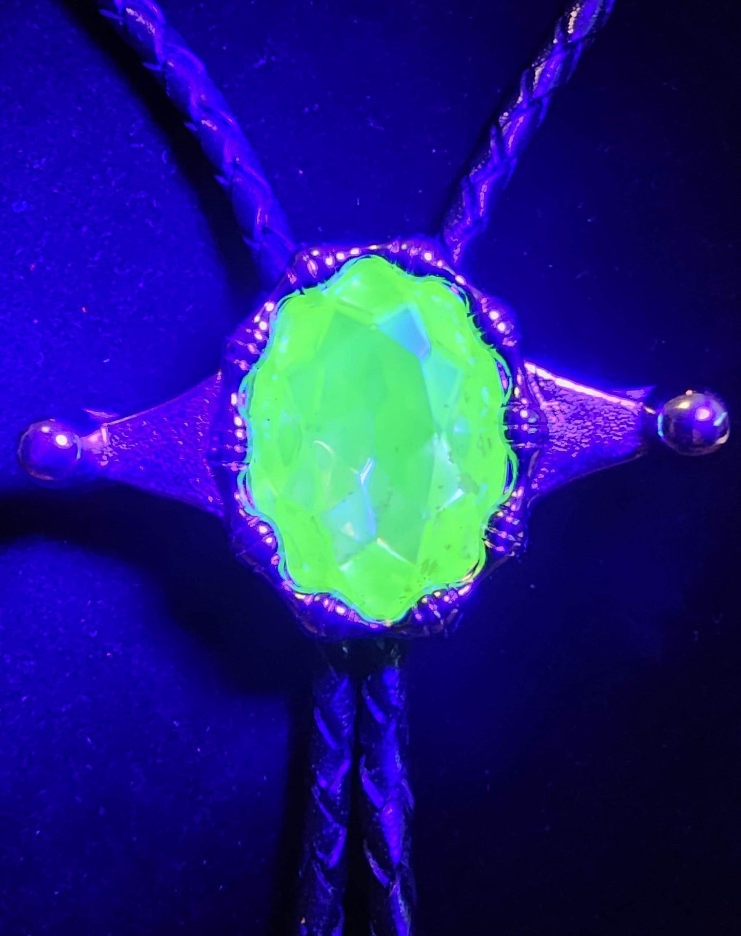 Uranium Glass Bolo Tie Leather cord, heavy tips, huge 30x22 mm Yellow Oval cut vintage Uranium Glass stone that glows under black/UV light
