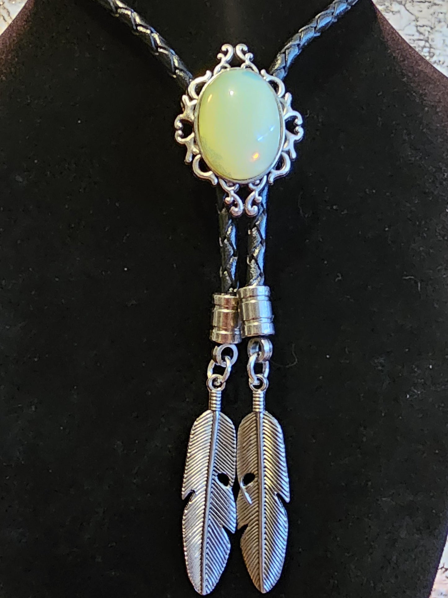 Uranium Glass Bolo Tie, Leather cord, 2 tip choices vintage White/Yellowish 25x18 mm Uranium Glass stone that glow under black/UV light