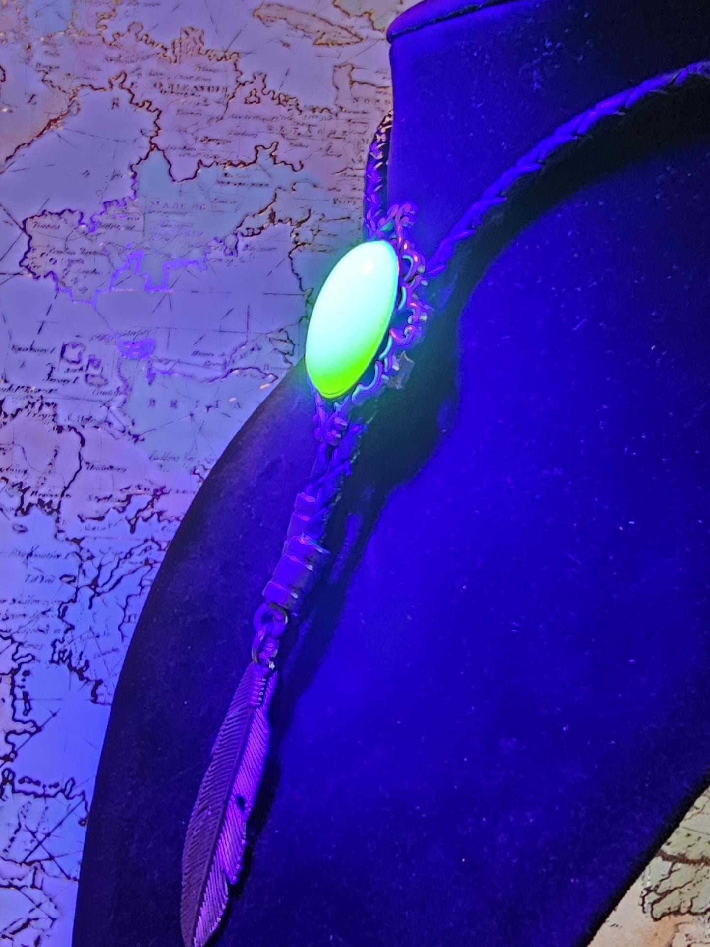 Uranium Glass Bolo Tie, Leather cord, 2 tip choices vintage White/Yellowish 25x18 mm Uranium Glass stone that glow under black/UV light