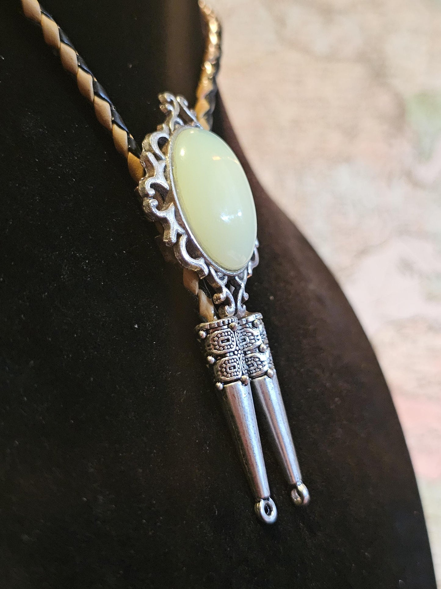 Uranium Glass Bolo Tie, Leather cord, 2 tip choices vintage White/Yellowish 25x18 mm Uranium Glass stone that glow under black/UV light