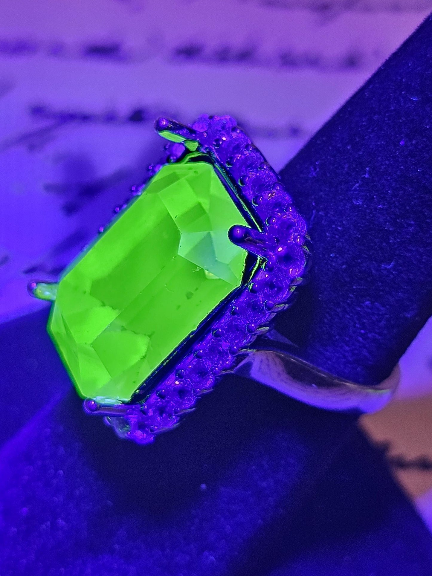 Uranium Glass Emerald cut Halo style ring in size 7, new Sterling Silver with vintage Uranium glass stone that glows under black / UV light