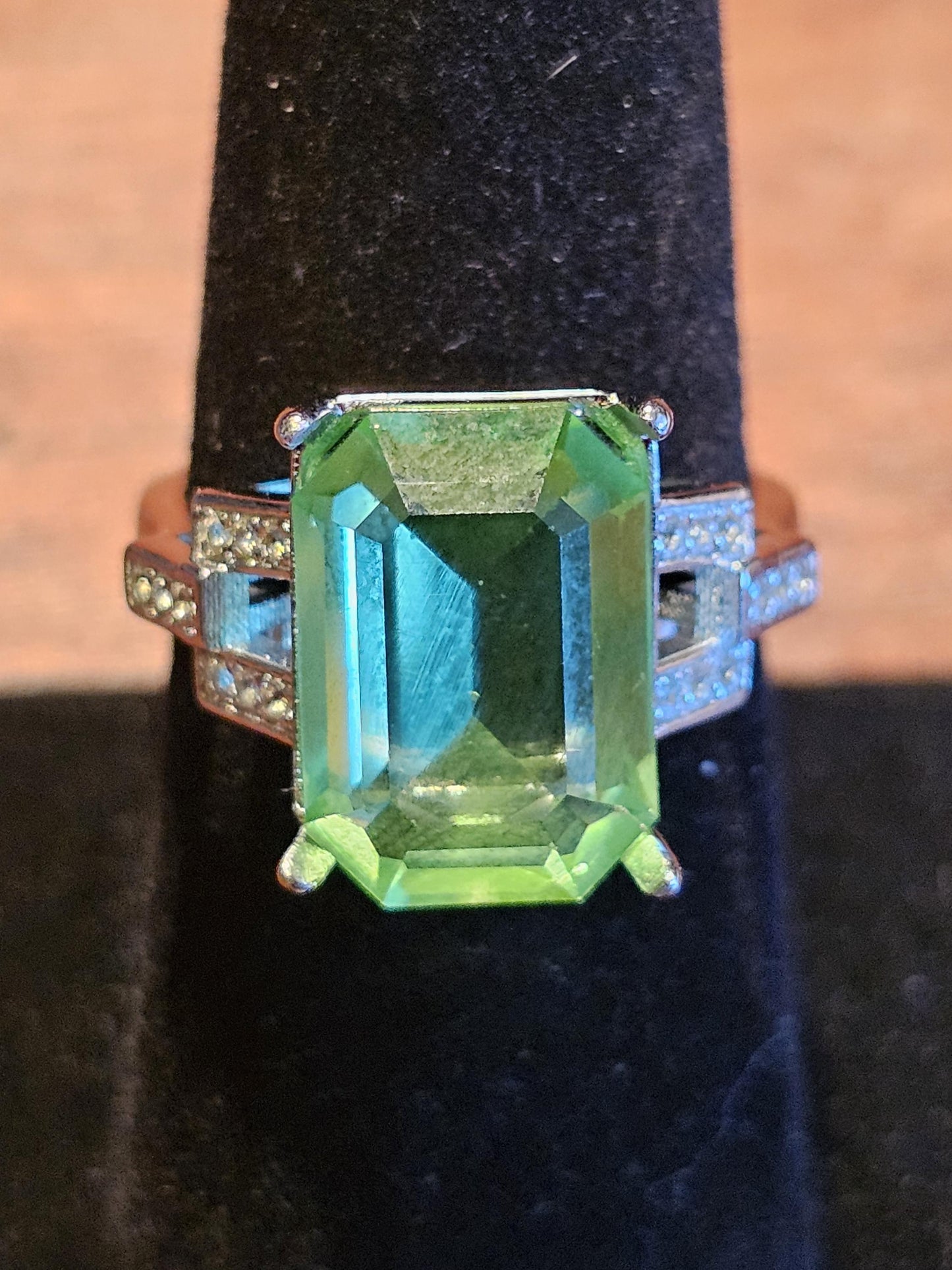 Uranium Glass Ring new Sterling Silver in a size 7 with a vintage Yellow Emerald cut Uranium glass stone that glows under black / UV light