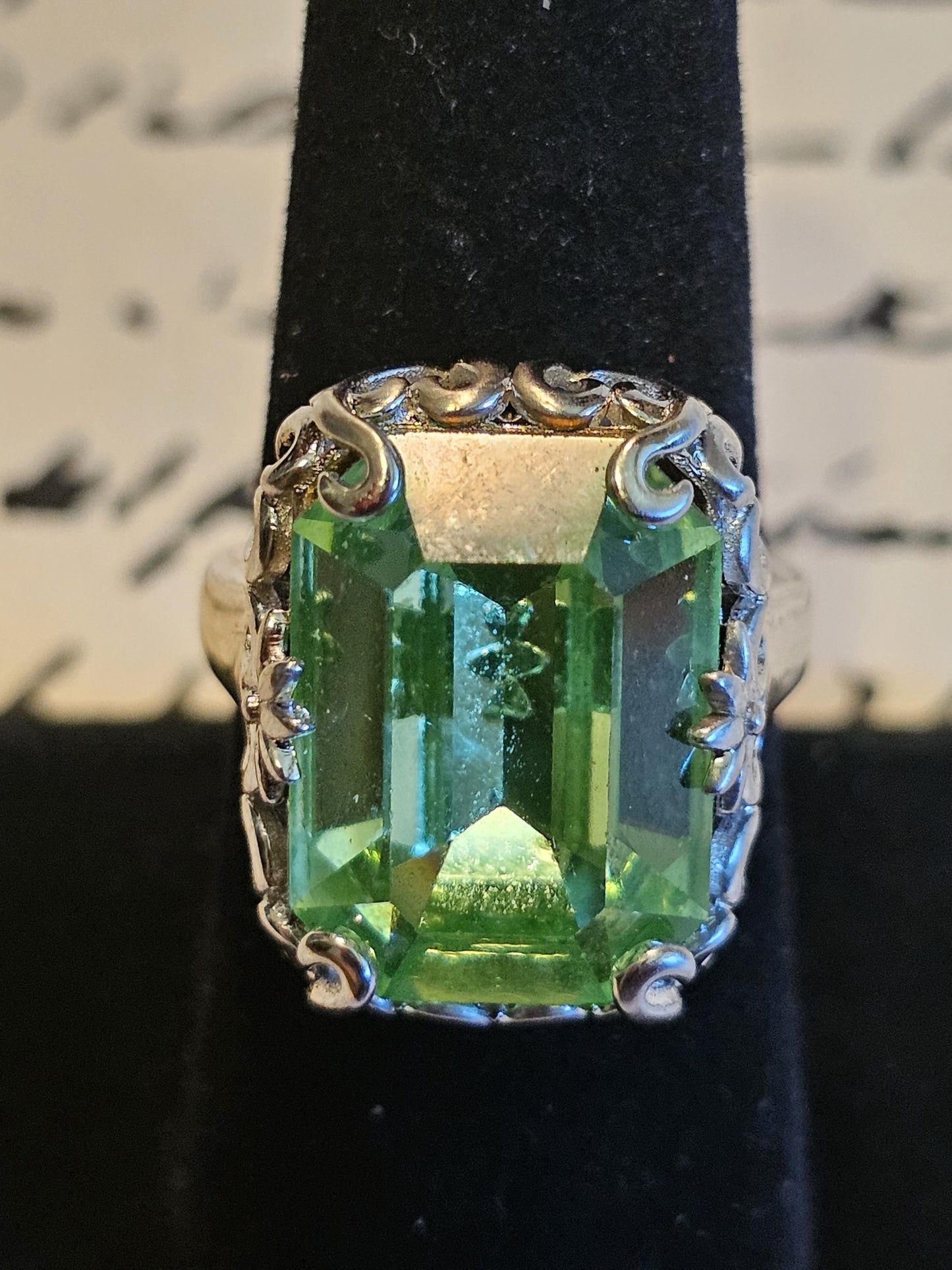 Uranium Glass Emerald cut Art Deco Ring size 6 to 8 in new Sterling Silver with vintage Uranium glass stone that glows under black/UV light