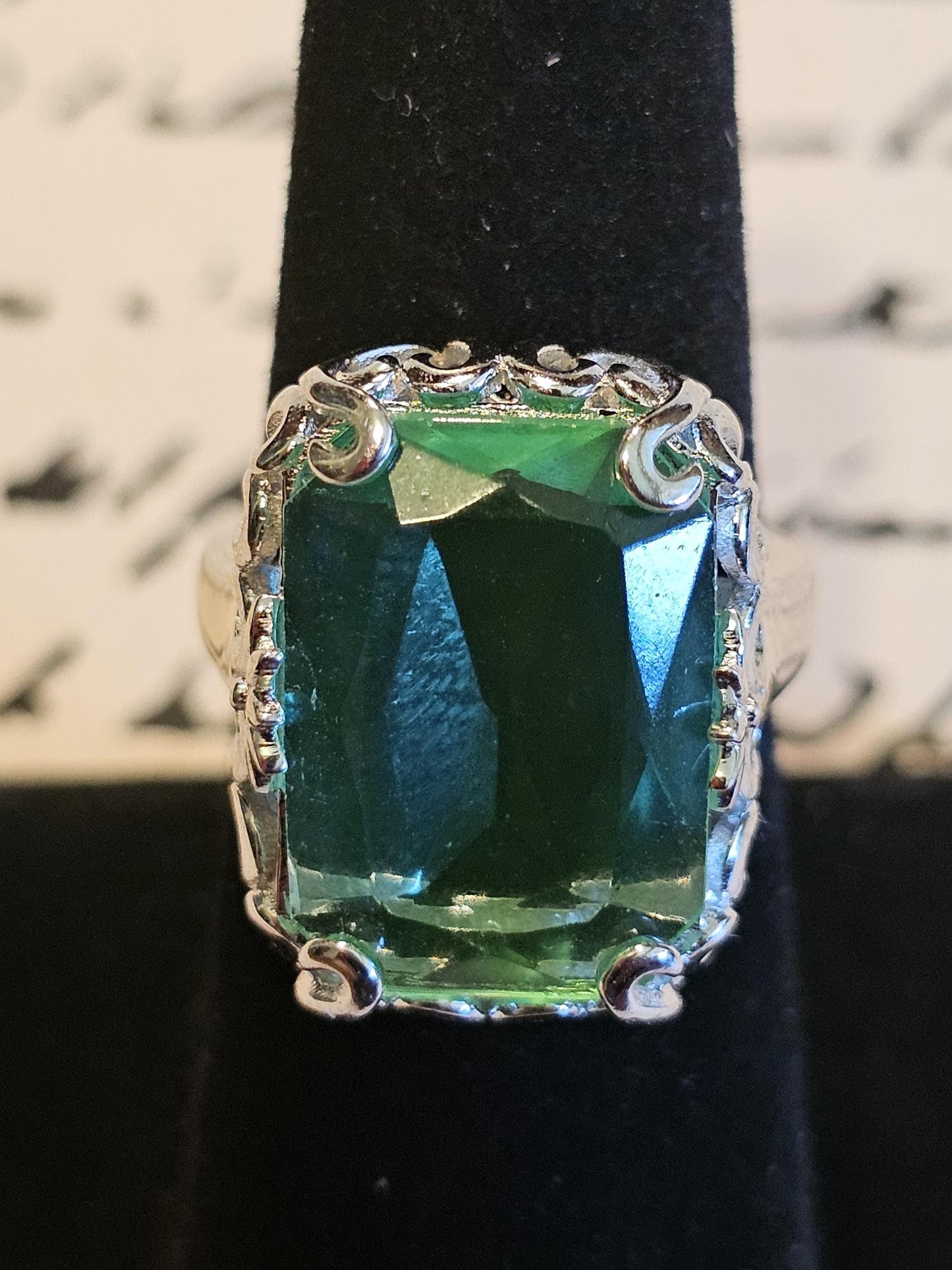 Uranium Glass Emerald cut Art Deco Ring size 6 to 8 in new Sterling Silver with vintage Uranium glass stone that glows under black/UV light