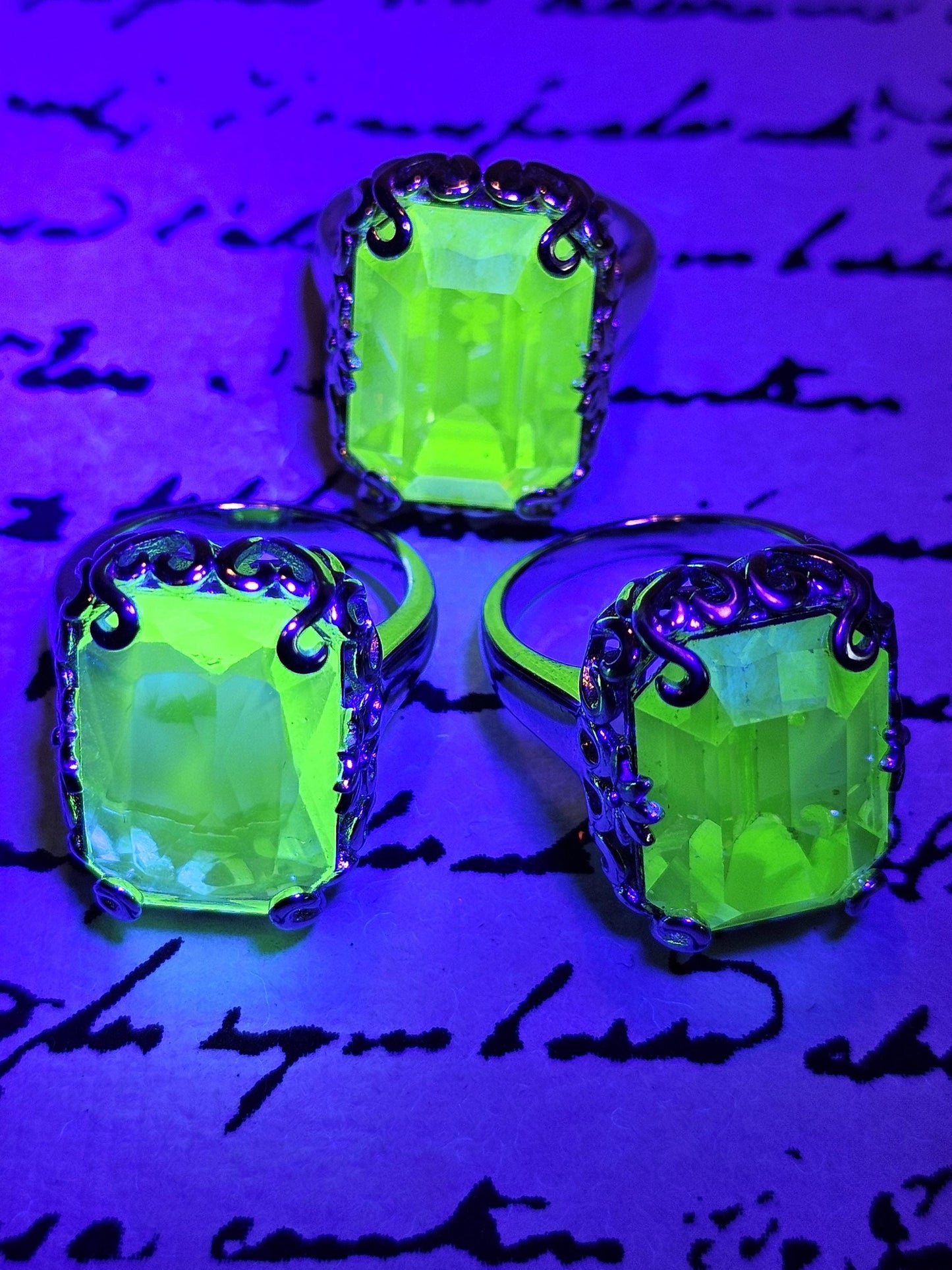 Uranium Glass Emerald cut Art Deco Ring size 6 to 8 in new Sterling Silver with vintage Uranium glass stone that glows under black/UV light