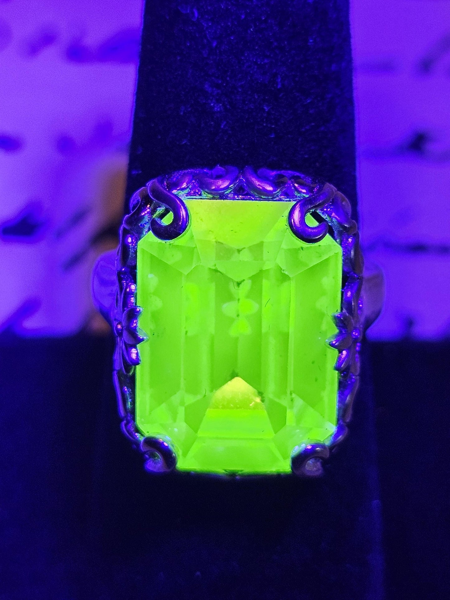 Uranium Glass Emerald cut Art Deco Ring size 6 to 8 in new Sterling Silver with vintage Uranium glass stone that glows under black/UV light