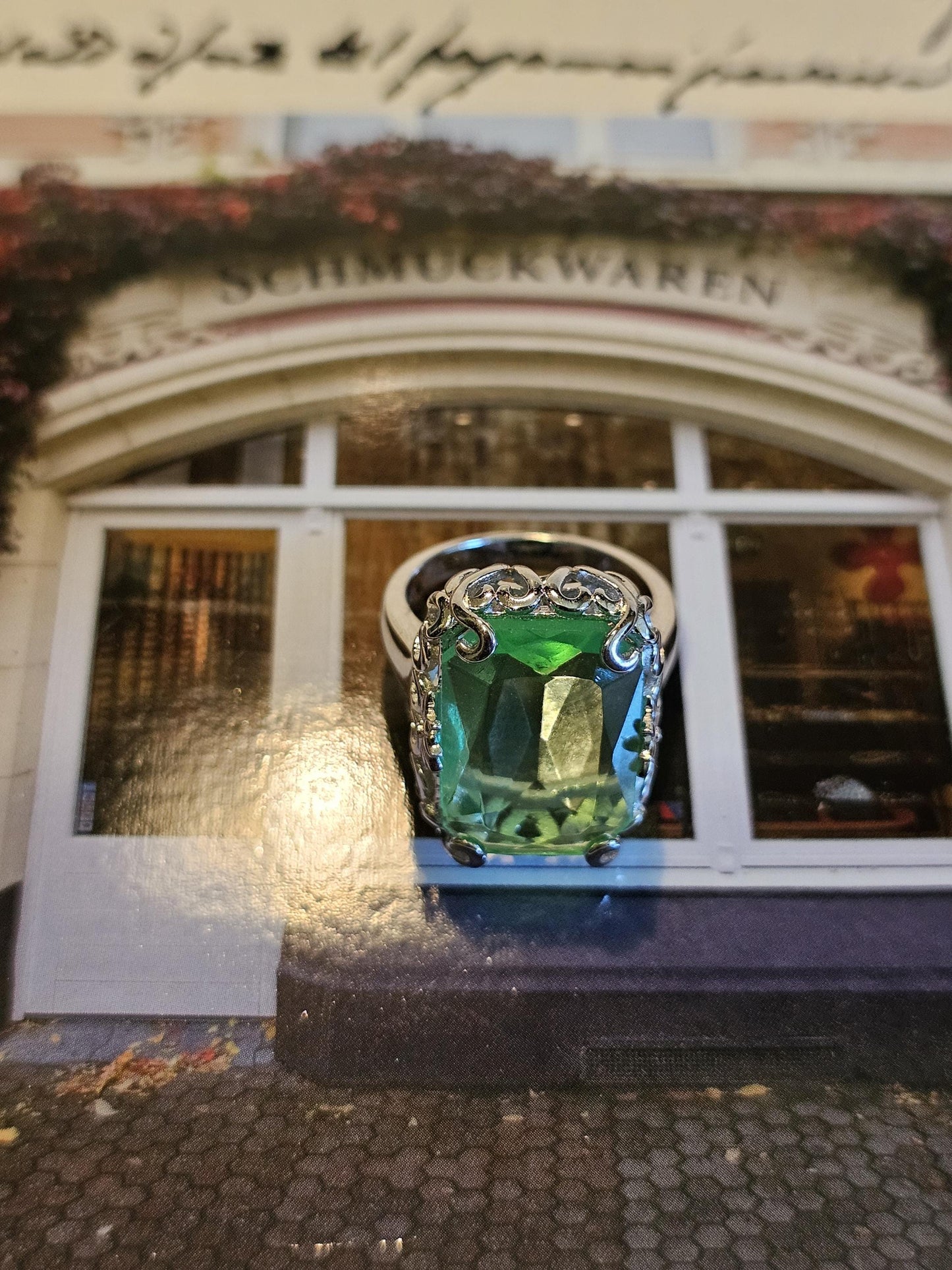 Uranium Glass Emerald cut Art Deco Ring size 6 to 8 in new Sterling Silver with vintage Uranium glass stone that glows under black/UV light