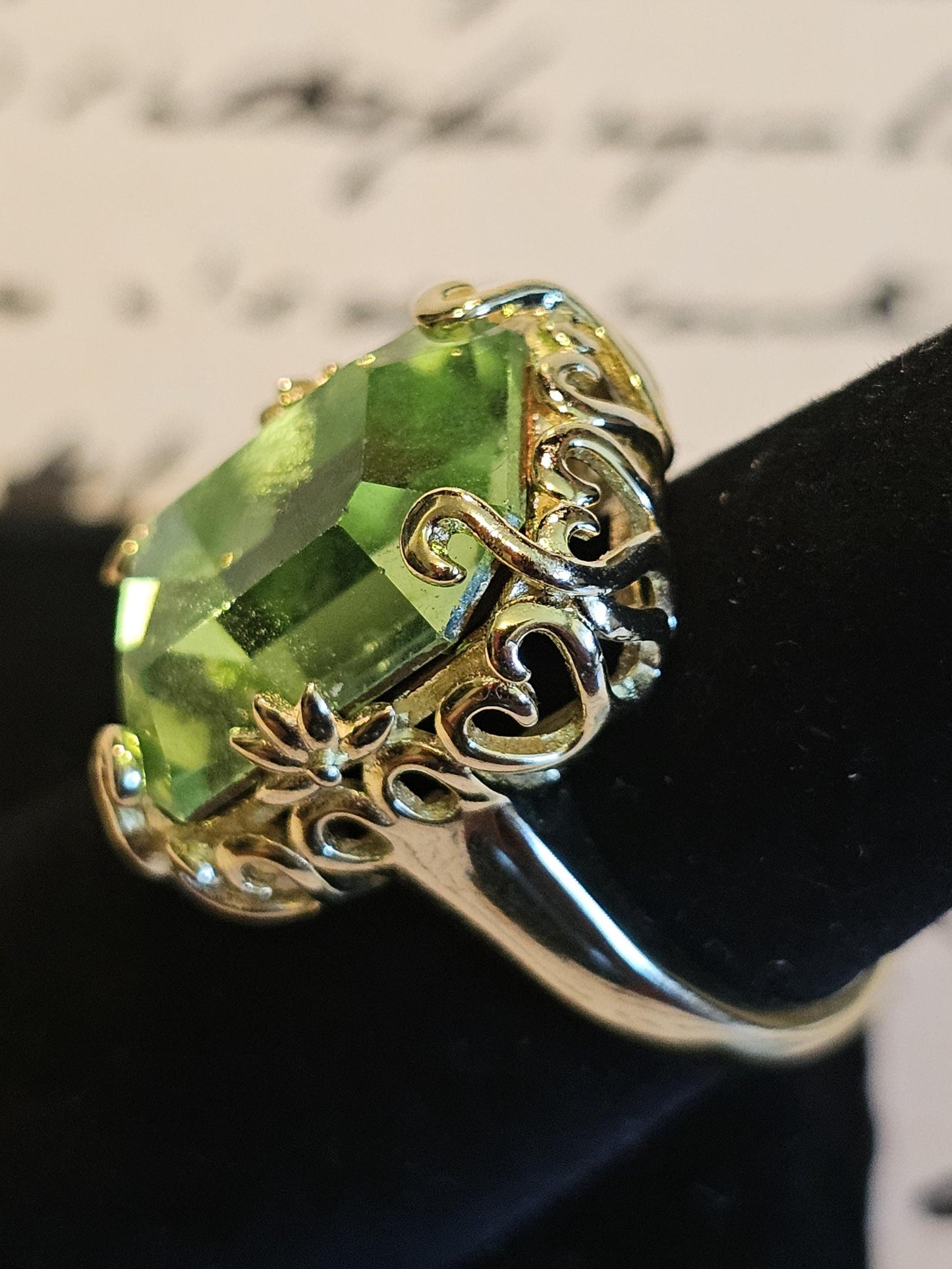 Uranium Glass Emerald cut Art Deco Ring size 6 to 8 in new Sterling Silver with vintage Uranium glass stone that glows under black/UV light