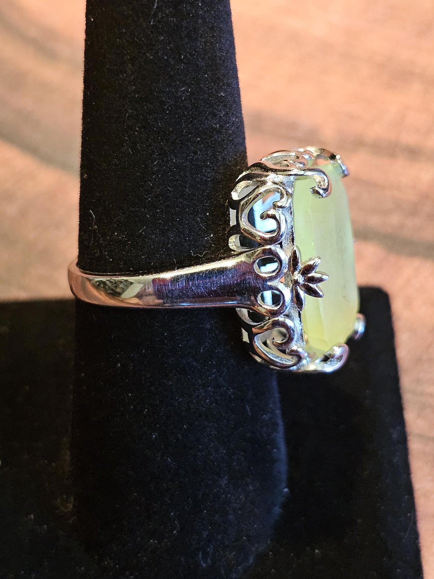 Uranium Glass Emerald cut Ring size 6 to 8 in new Sterling Silver with vintage Yellow Uranium glass stones that glow under black / UV light