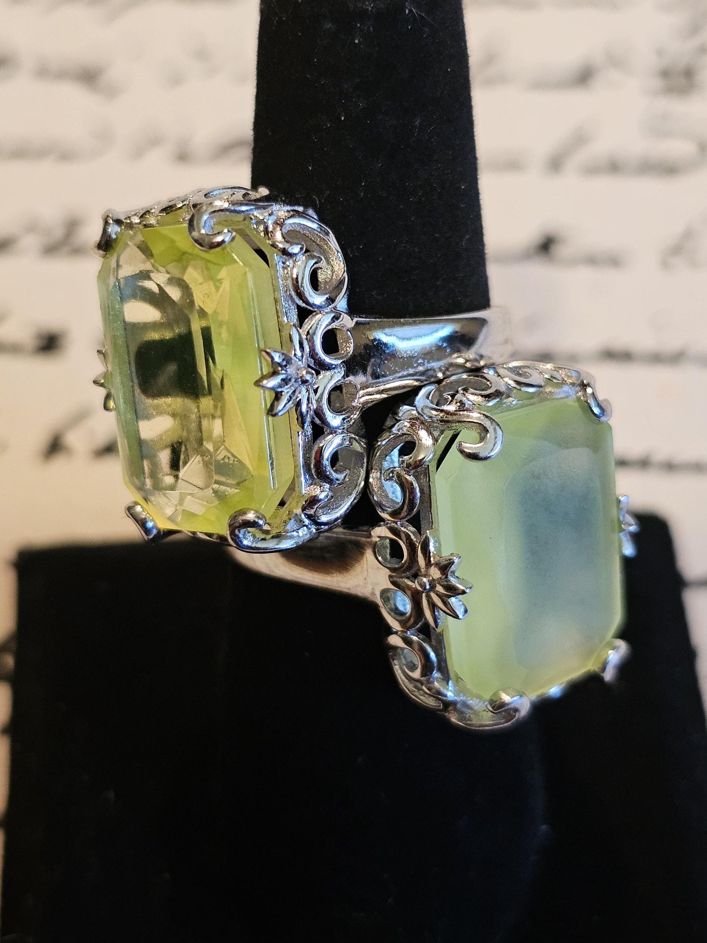 Uranium Glass Emerald cut Ring size 6 to 8 in new Sterling Silver with vintage Yellow Uranium glass stones that glow under black / UV light