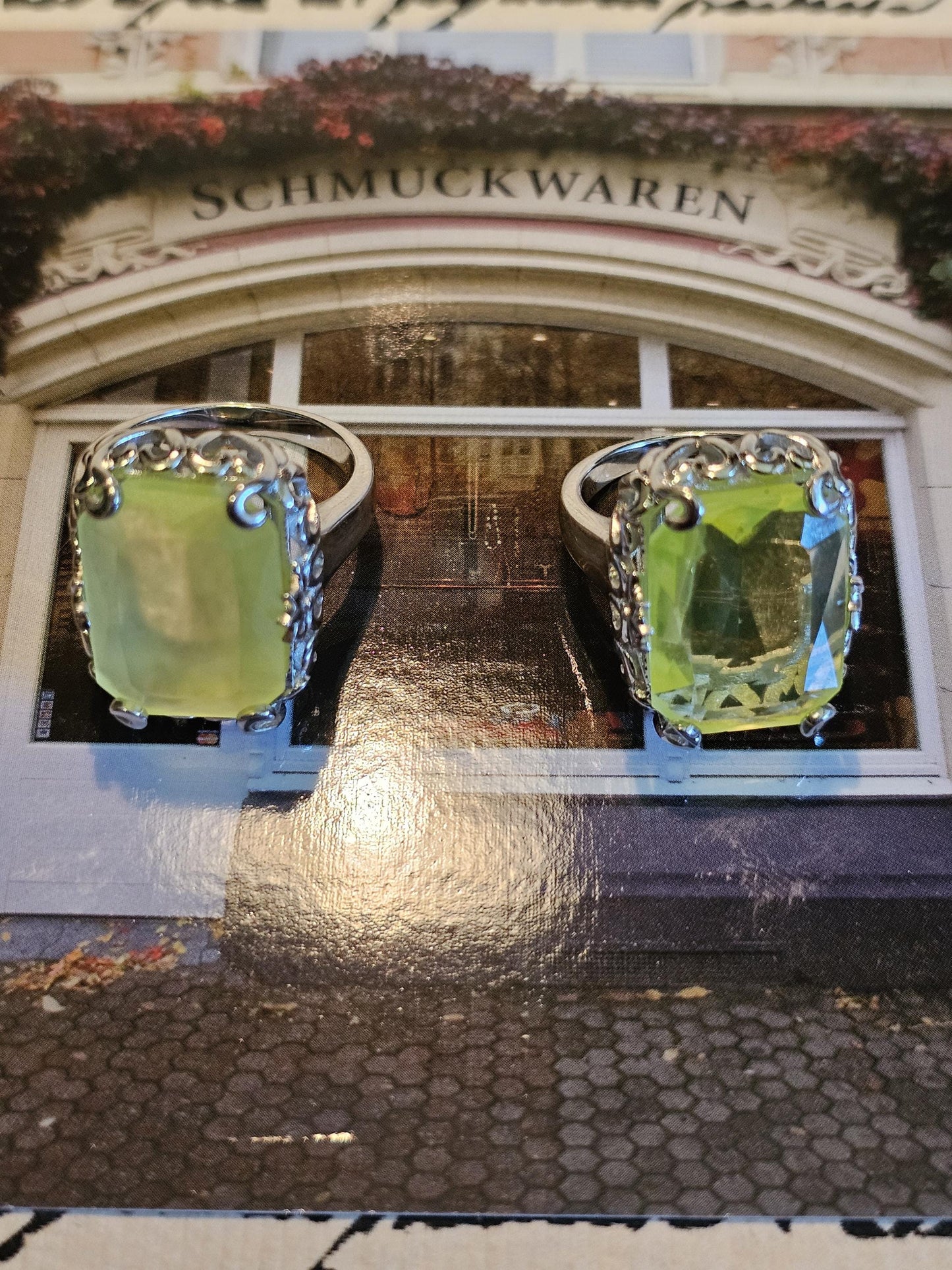 Uranium Glass Emerald cut Ring size 6 to 8 in new Sterling Silver with vintage Yellow Uranium glass stones that glow under black / UV light