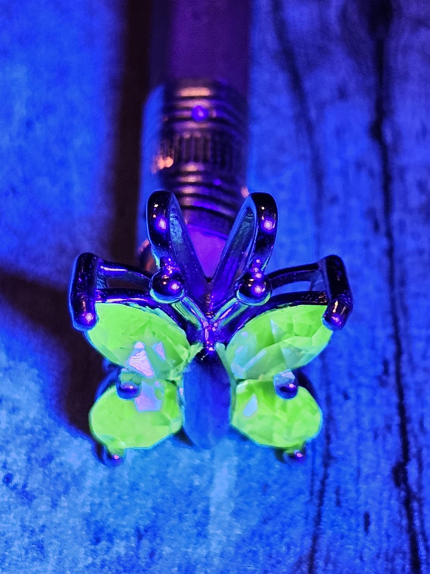 Uranium Glass Pendant in new Sterling Silver Butterfly design with Vintage Uranium Glass stones that glow under black / UV light
