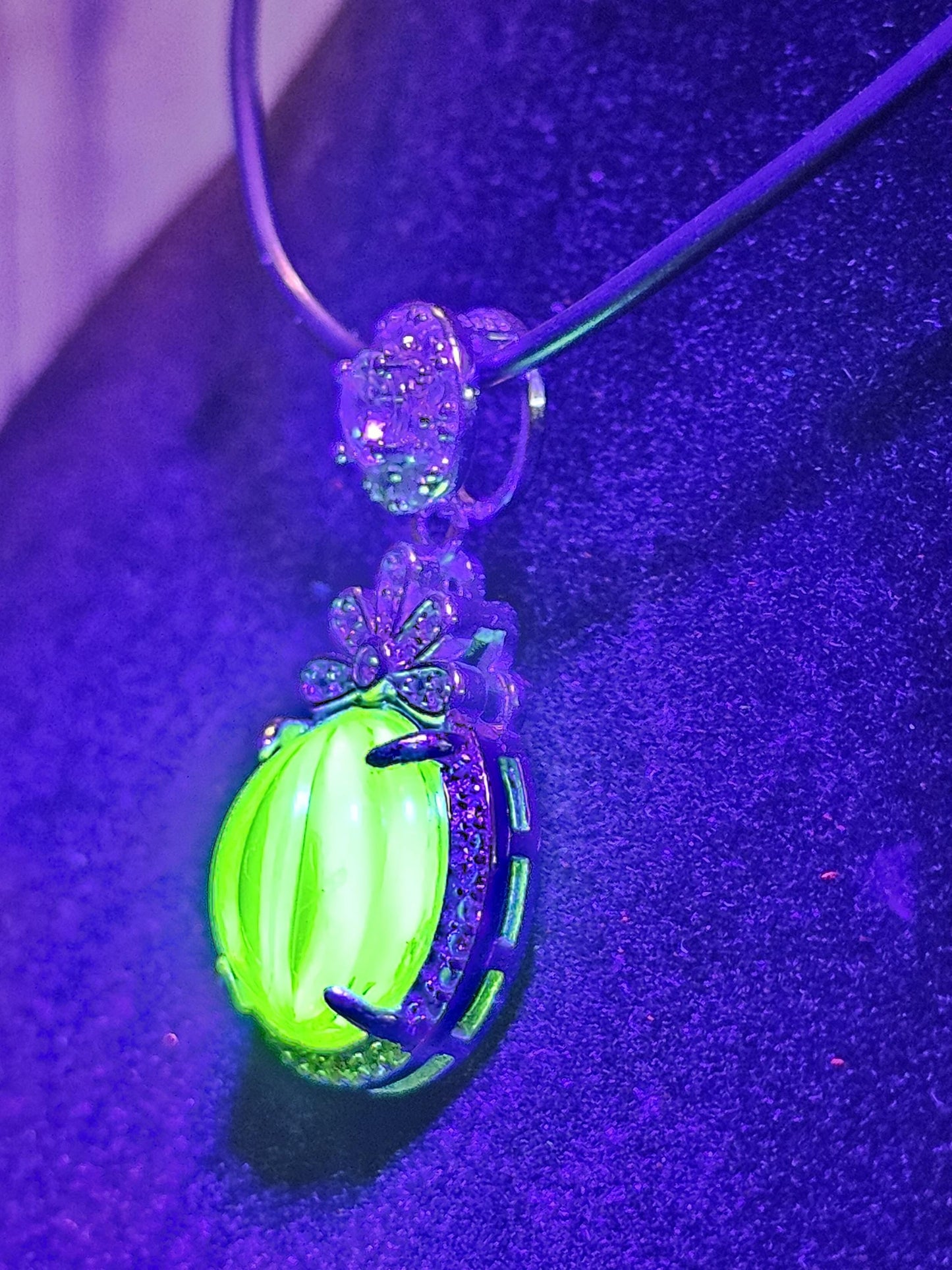 Uranium Glass Pendant in a new Sterling Silver with a ribbed vintage 12 mm Round Yellow Uranium Glass Stone that glows under black/UV light