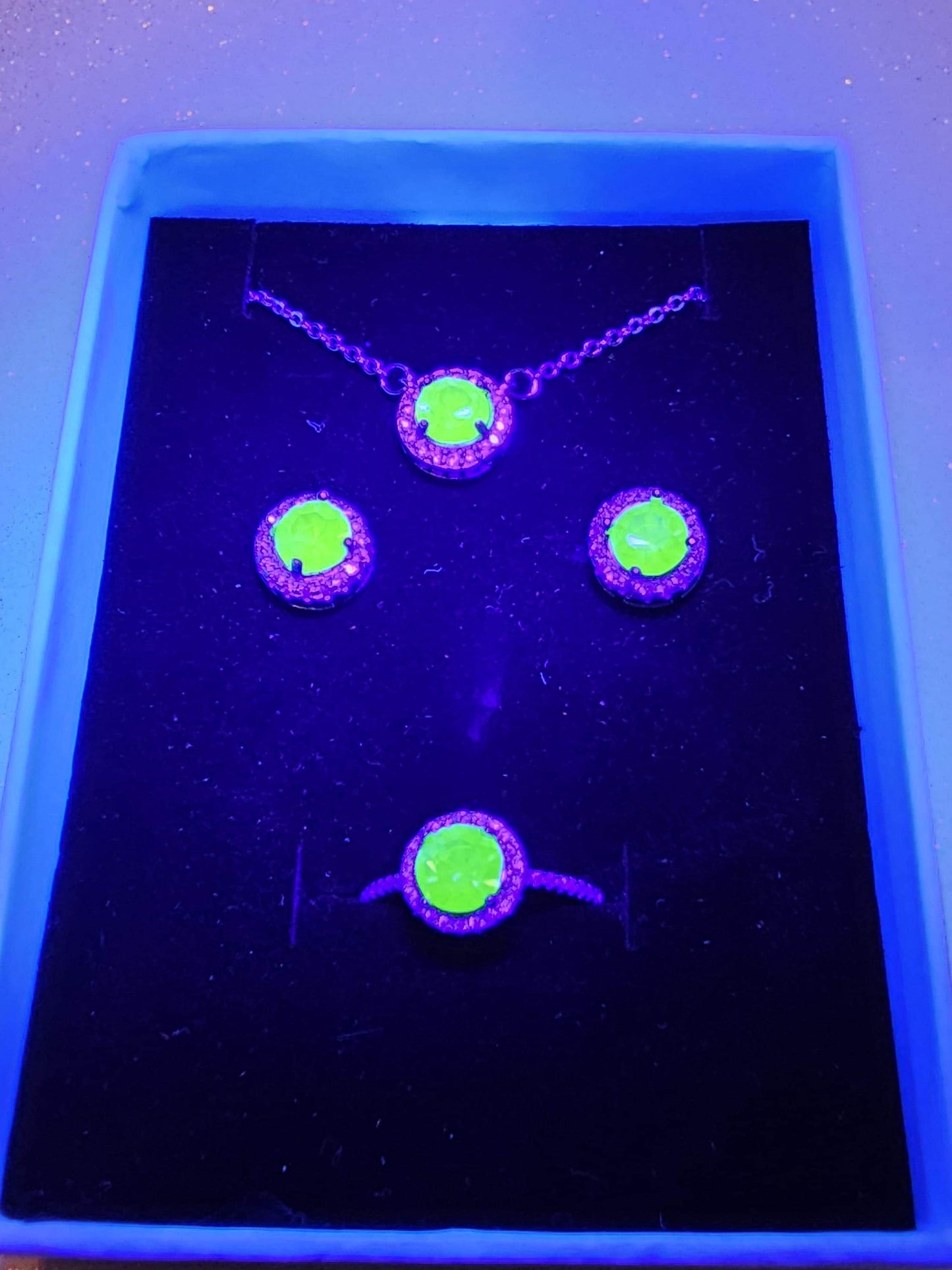 Uranium Glass Jewelry gift set Sterling Silver Halo ring, earrings, and necklace vintage Round cut Uranium glass glows under black /UV light