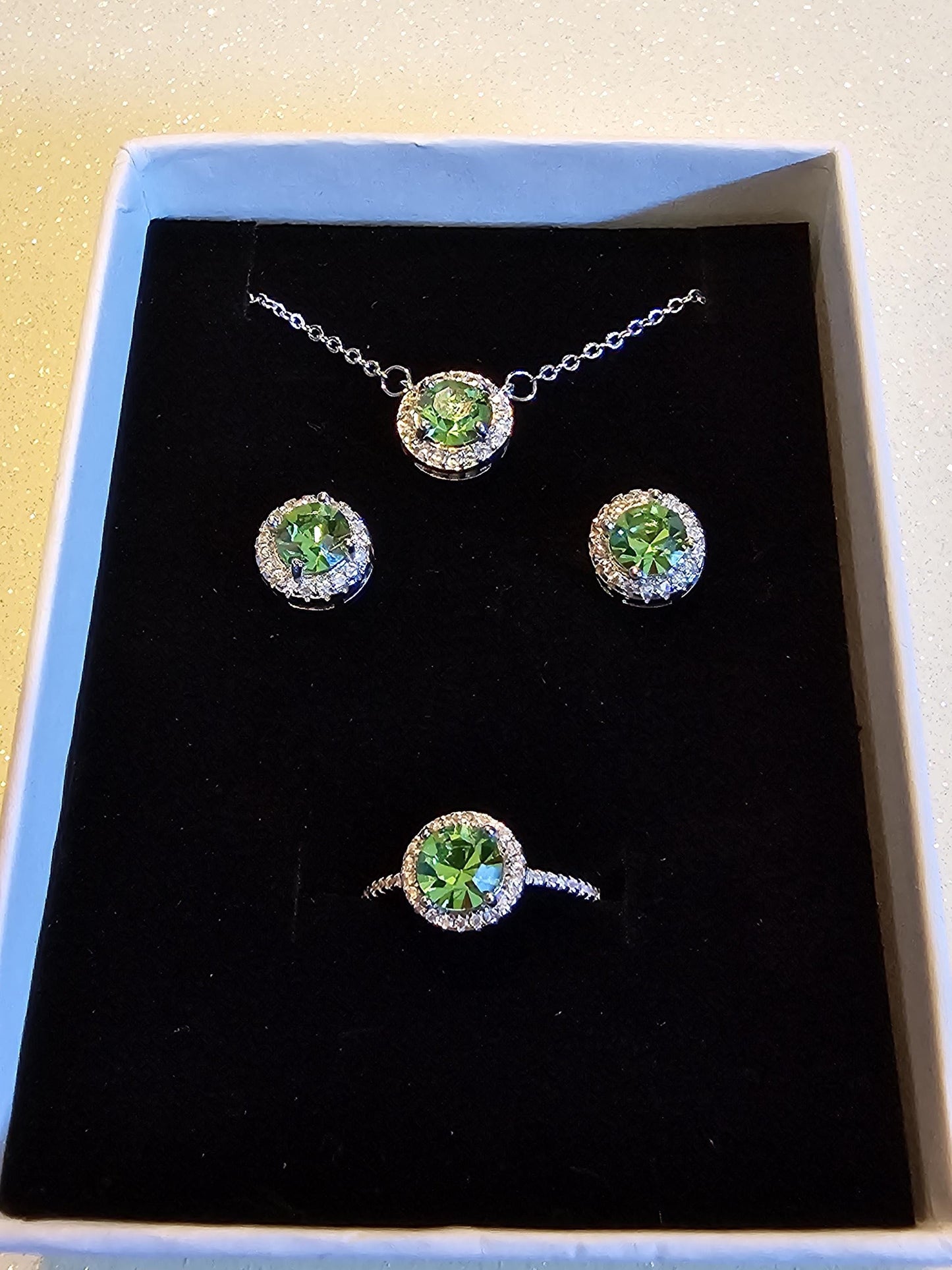 Uranium Glass Jewelry gift set Sterling Silver Halo ring, earrings, and necklace vintage Round cut Uranium glass glows under black /UV light