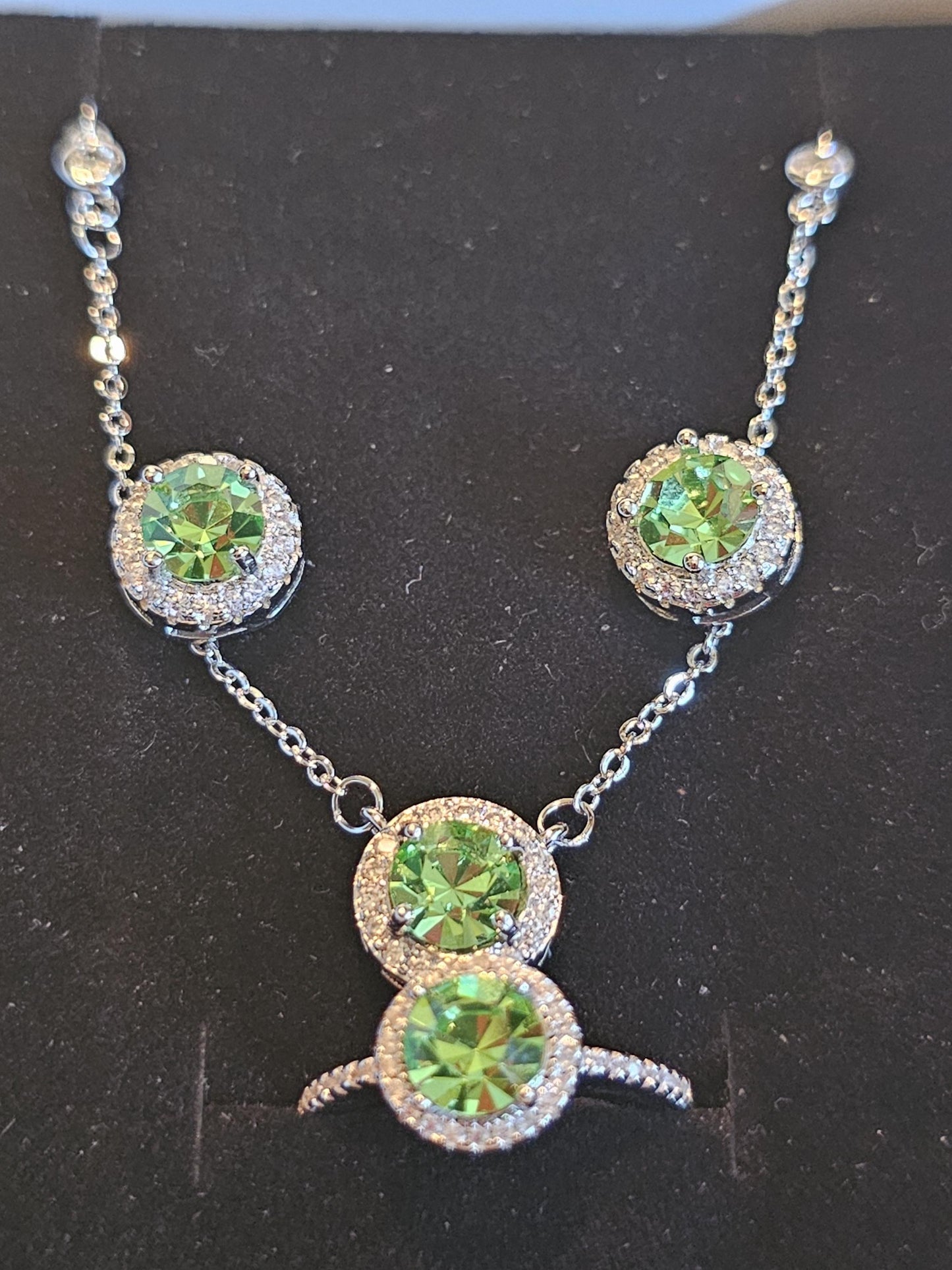 Uranium Glass Jewelry gift set Sterling Silver Halo ring, earrings, and necklace vintage Round cut Uranium glass glows under black /UV light