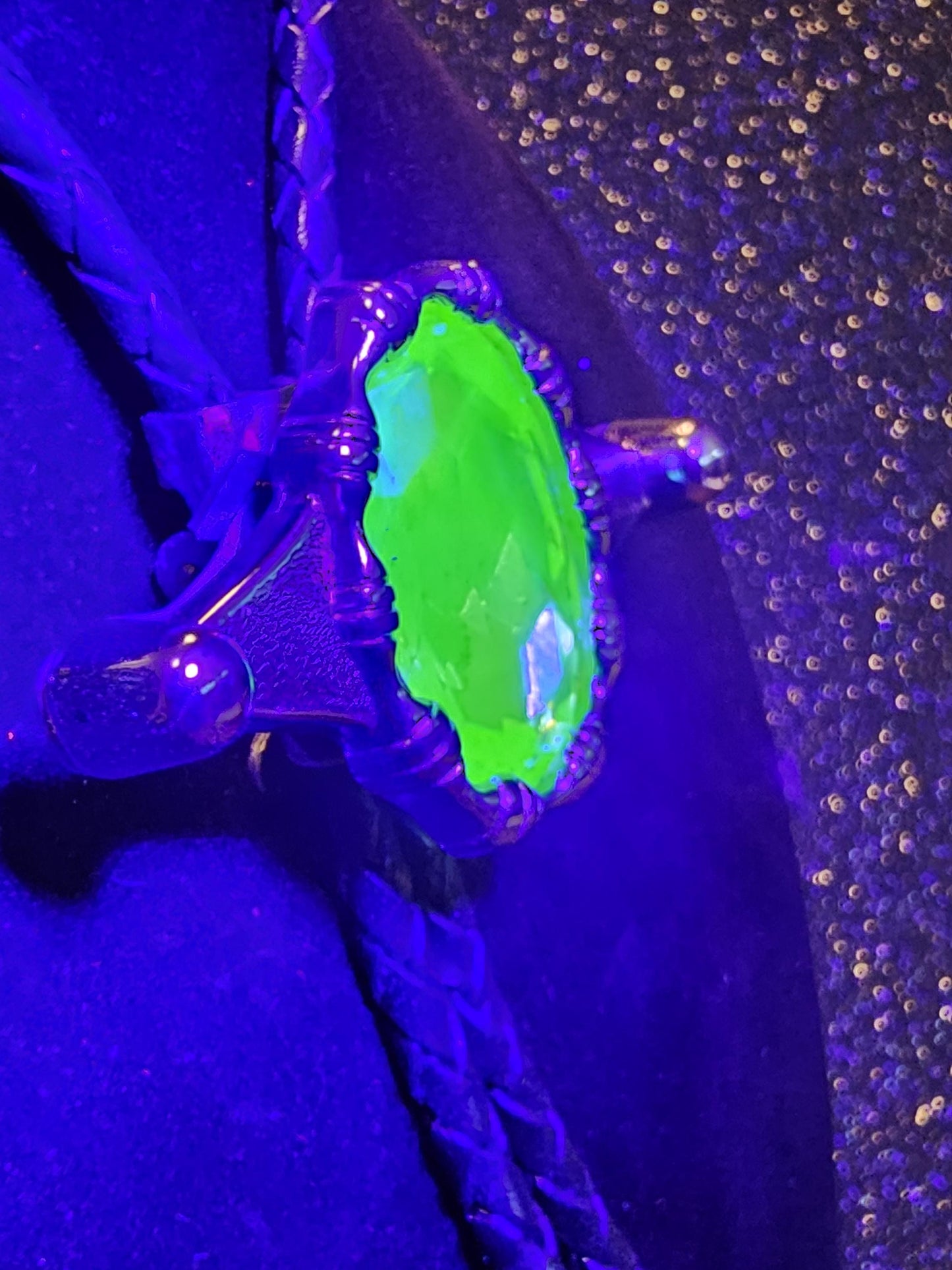 Uranium Glass Bolo Tie Leather cord, heavy tips, huge 30x22 mm Yellow Oval cut vintage Uranium Glass stone that glows under black/UV light