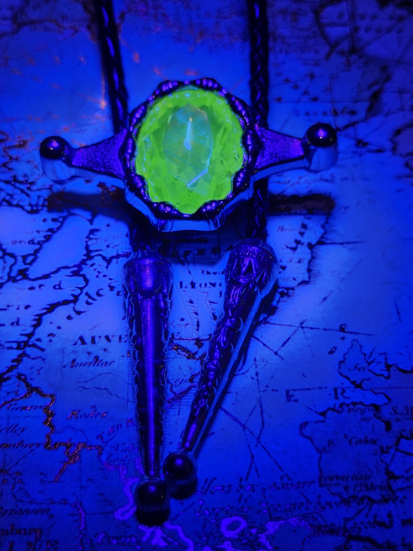 Uranium Glass Bolo Tie Leather cord, heavy tips, huge 30x22 mm Yellow Oval cut vintage Uranium Glass stone that glows under black/UV light