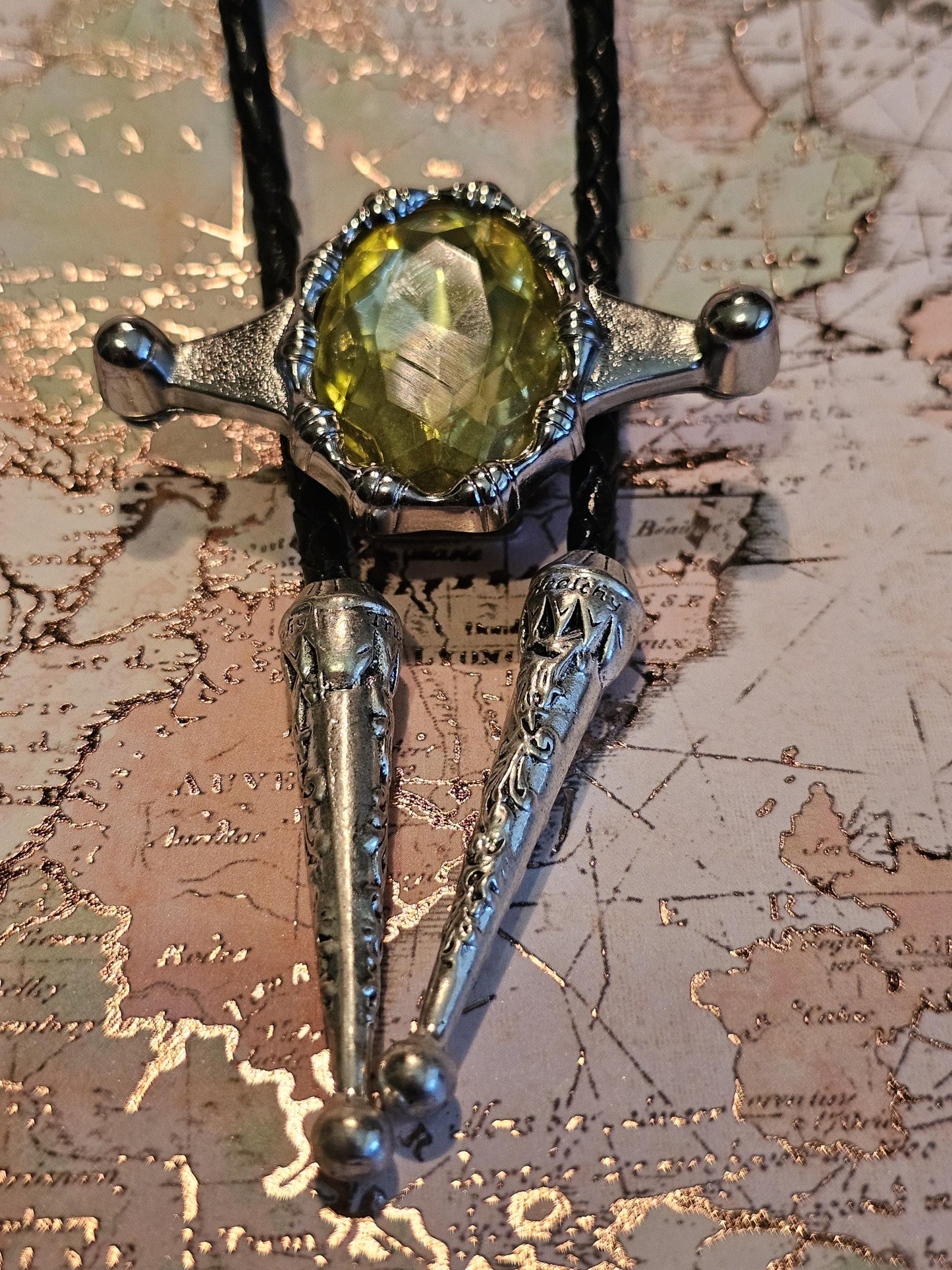 Uranium Glass Bolo Tie Leather cord, heavy tips, huge 30x22 mm Yellow Oval cut vintage Uranium Glass stone that glows under black/UV light