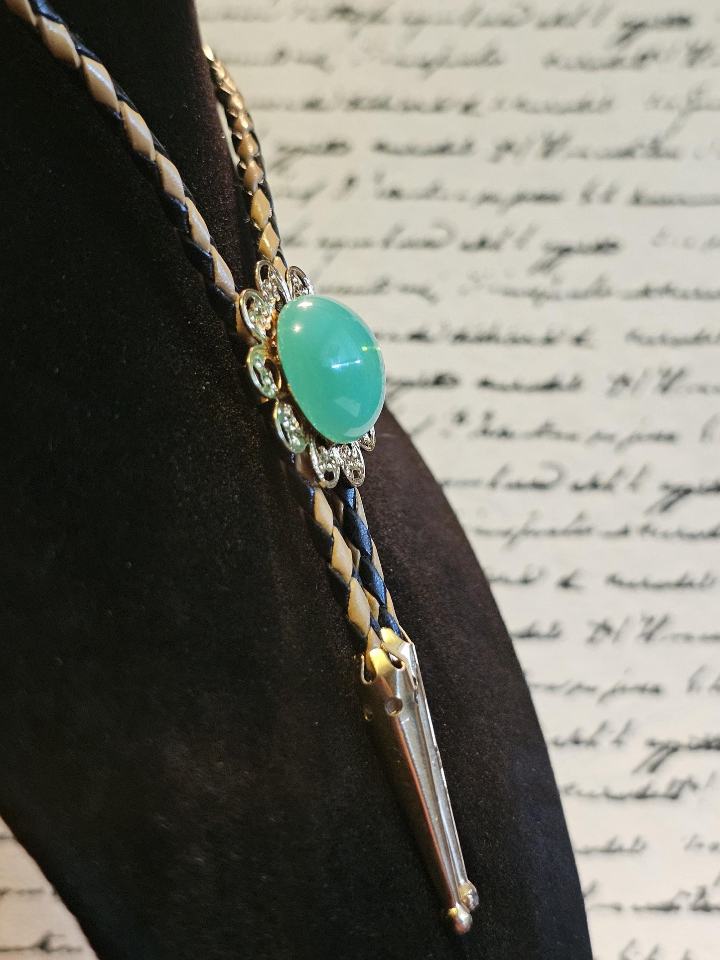 Uranium Glass Bolo Tie Gold color w/ Green 18 mm Round cut Round top Cabochon cut vintage Uranium Glass stone that glows under black/UV ligh