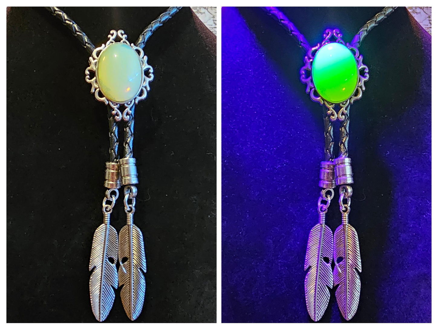 Uranium Glass Bolo Tie, Leather cord, 2 tip choices vintage White/Yellowish 25x18 mm Uranium Glass stone that glow under black/UV light