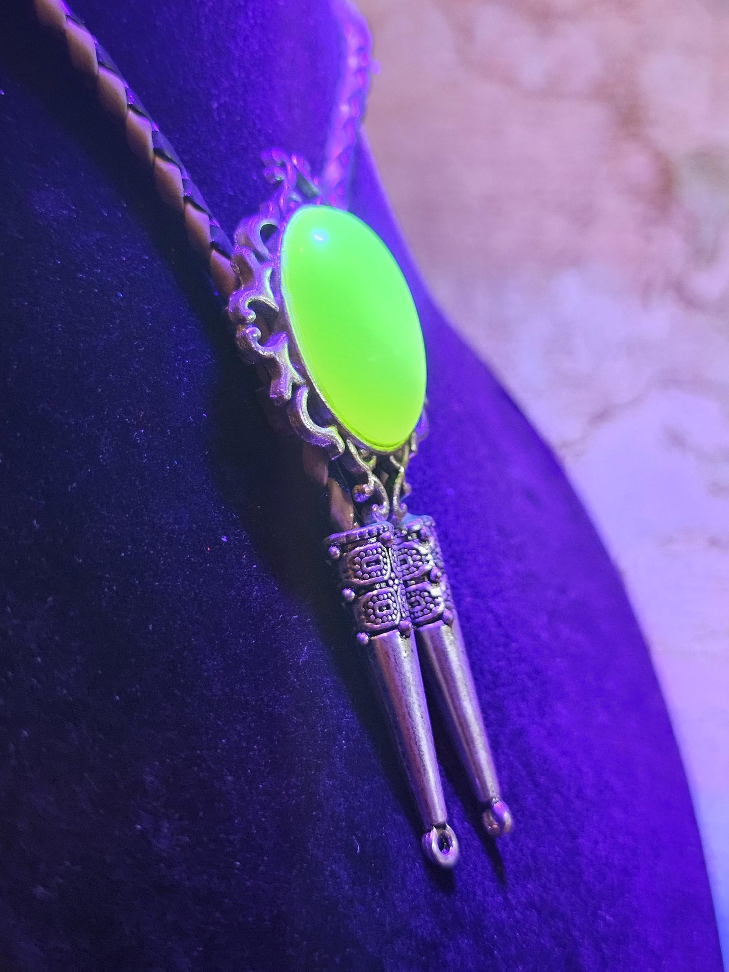 Uranium Glass Bolo Tie, Leather cord, 2 tip choices vintage White/Yellowish 25x18 mm Uranium Glass stone that glow under black/UV light