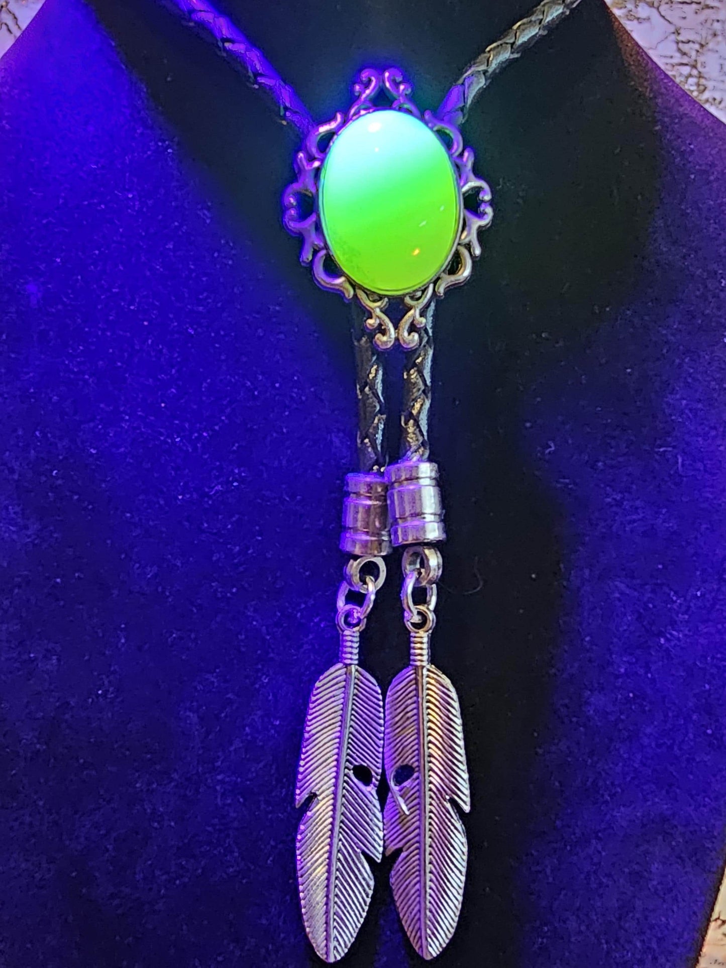 Uranium Glass Bolo Tie, Leather cord, 2 tip choices vintage White/Yellowish 25x18 mm Uranium Glass stone that glow under black/UV light