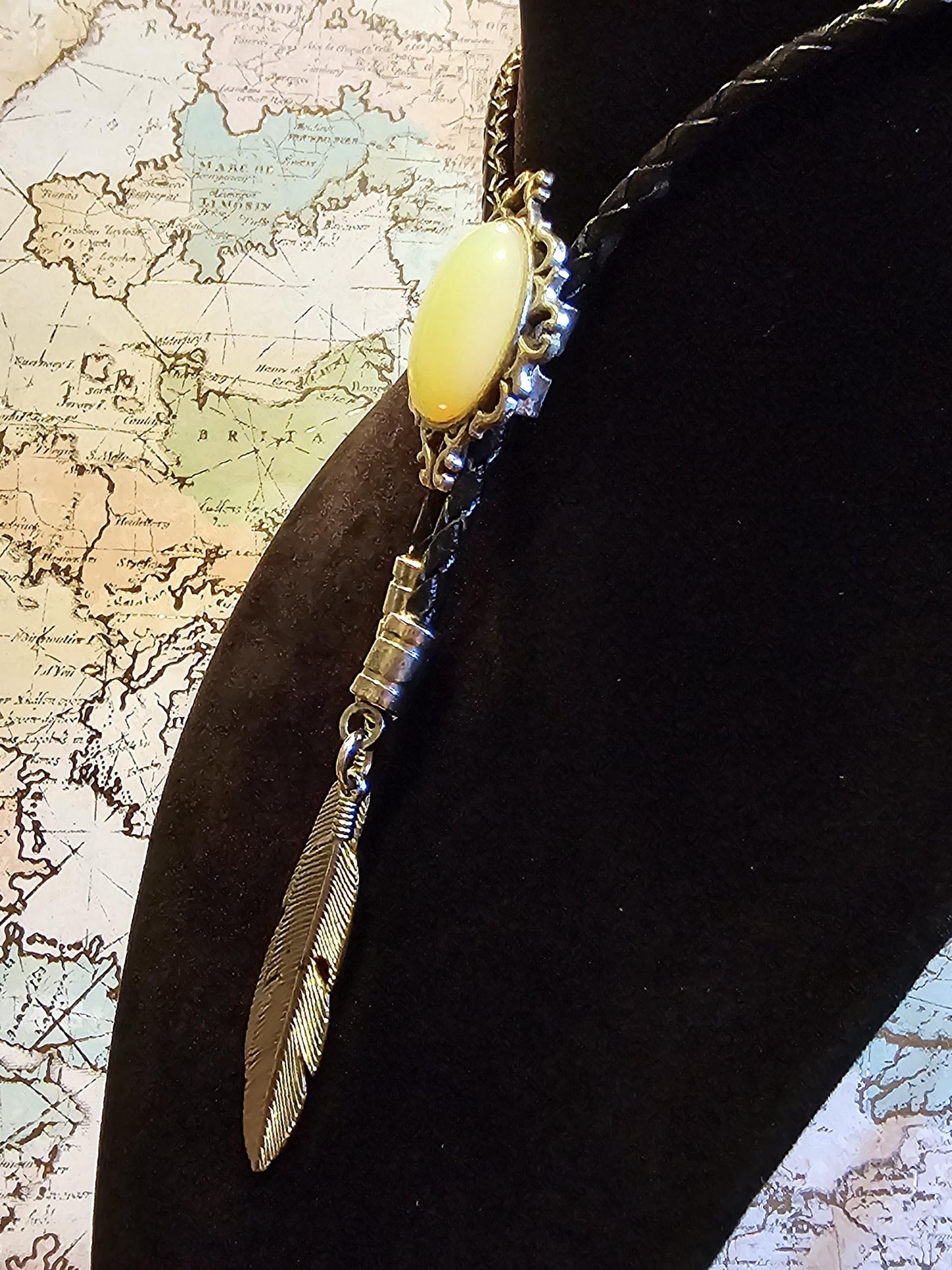 Uranium Glass Bolo Tie, Leather cord, 2 tip choices vintage White/Yellowish 25x18 mm Uranium Glass stone that glow under black/UV light
